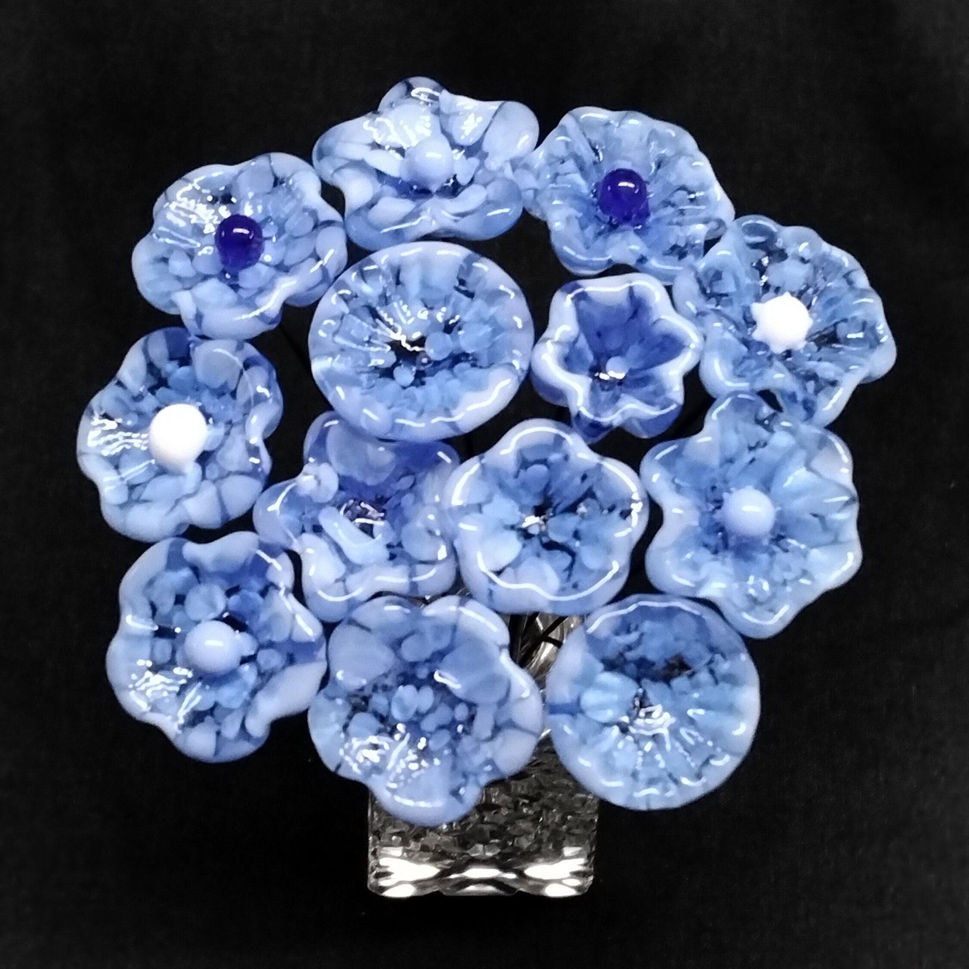 LIGHT BLUE MOTTLE glass flowers; mini tiny small glass flowers on wire;handcrafted lampwork, jewelry, mixed media, wedding, little gift