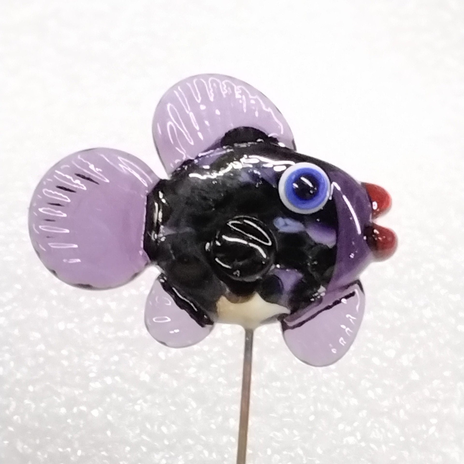 DARK PURPLEfrit FISH glass miniature 5" high; handmade lampwork small fish sculpture on wire; tiny small miniature glass sculpture