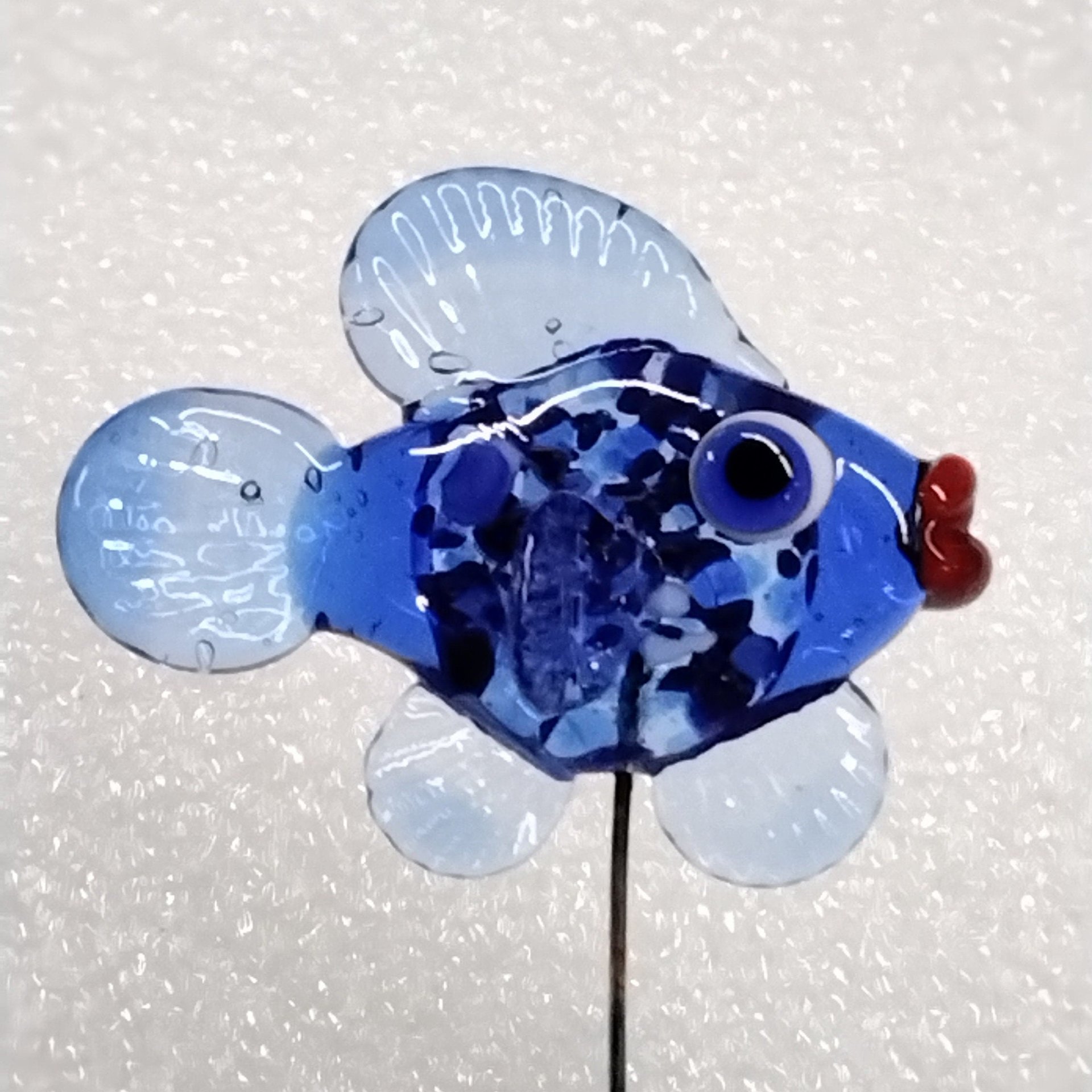 DARKBLUE VARIAGATED FISH glass miniature 5" high; handmade lampwork small fish sculpture on wire  ~ tiny small miniature glass sculpture