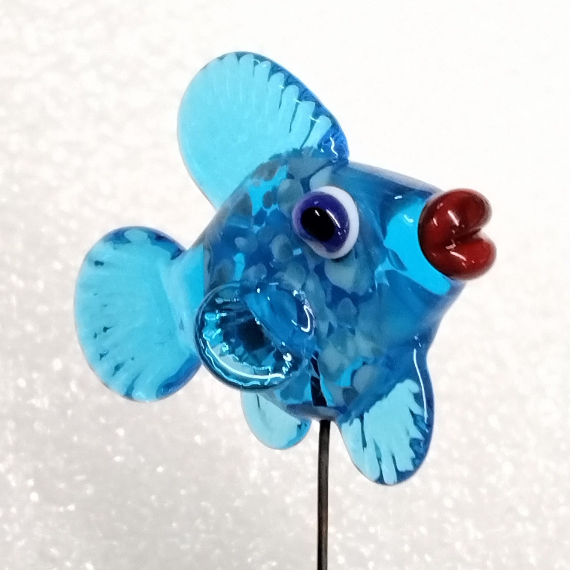AQUA FRIT FISH glass miniature 5" high; handmade lampwork small fish sculpture on wire  ~ tiny small miniature glass sculpture