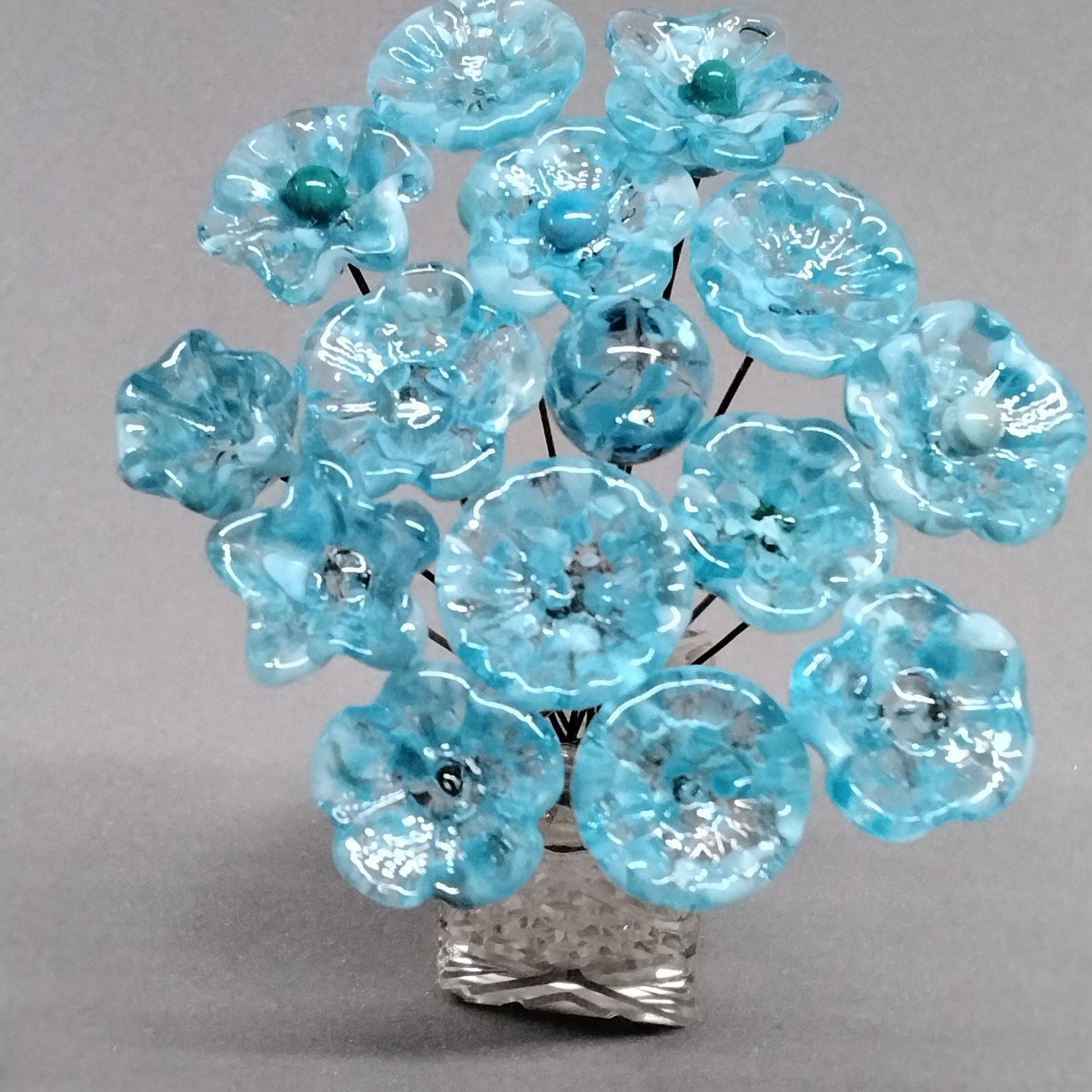 TURQUOISE VARIEGATED glass flowers;  mini tiny small glass flowers on wire; handcrafted lampwork, jewelry, mixed media, wedding, small gift