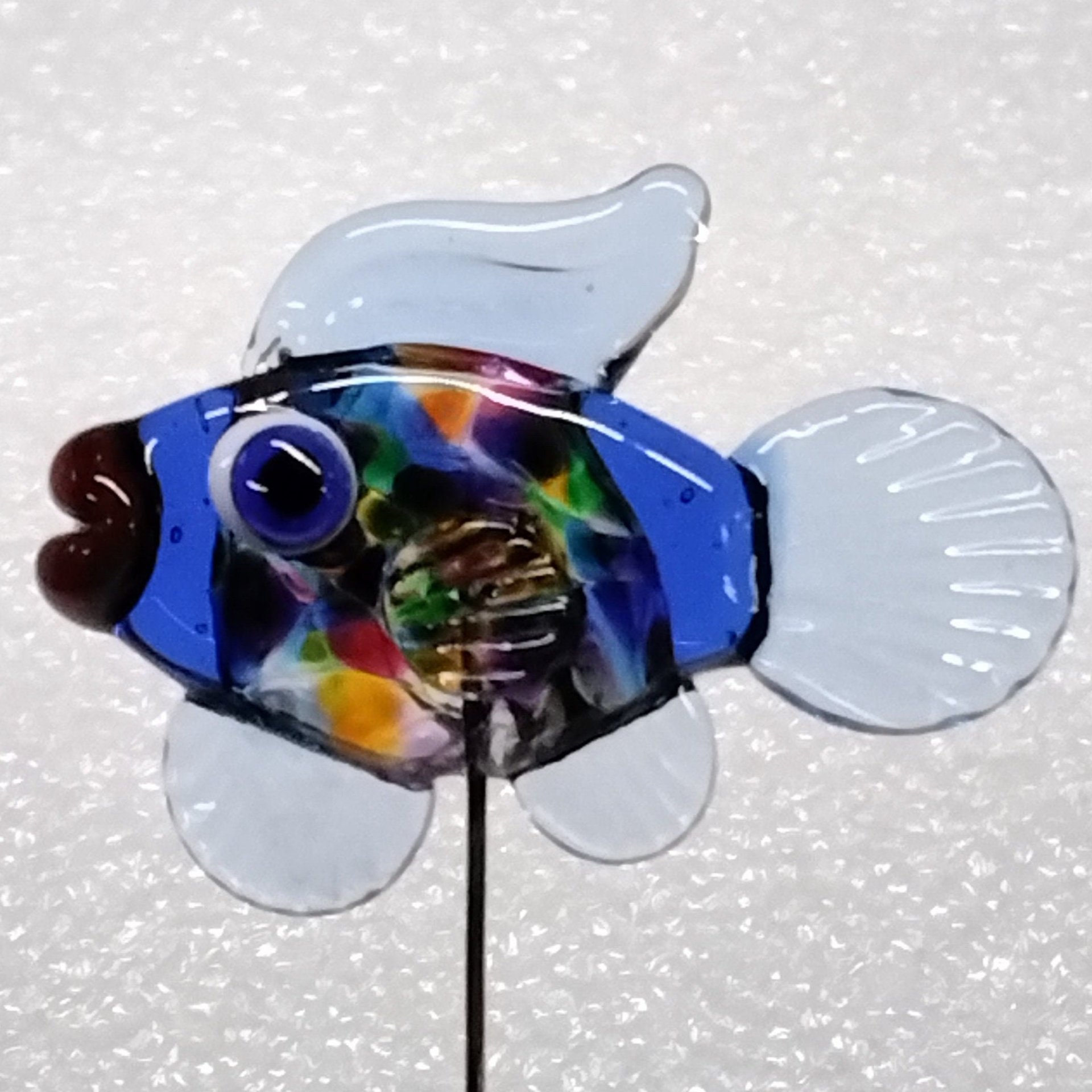 RAINBOW KALEIDOSCOPE FISH glass sculpture 5" high; handmade lampwork small fish sculpture on wire  ~ tiny small miniature glass fish
