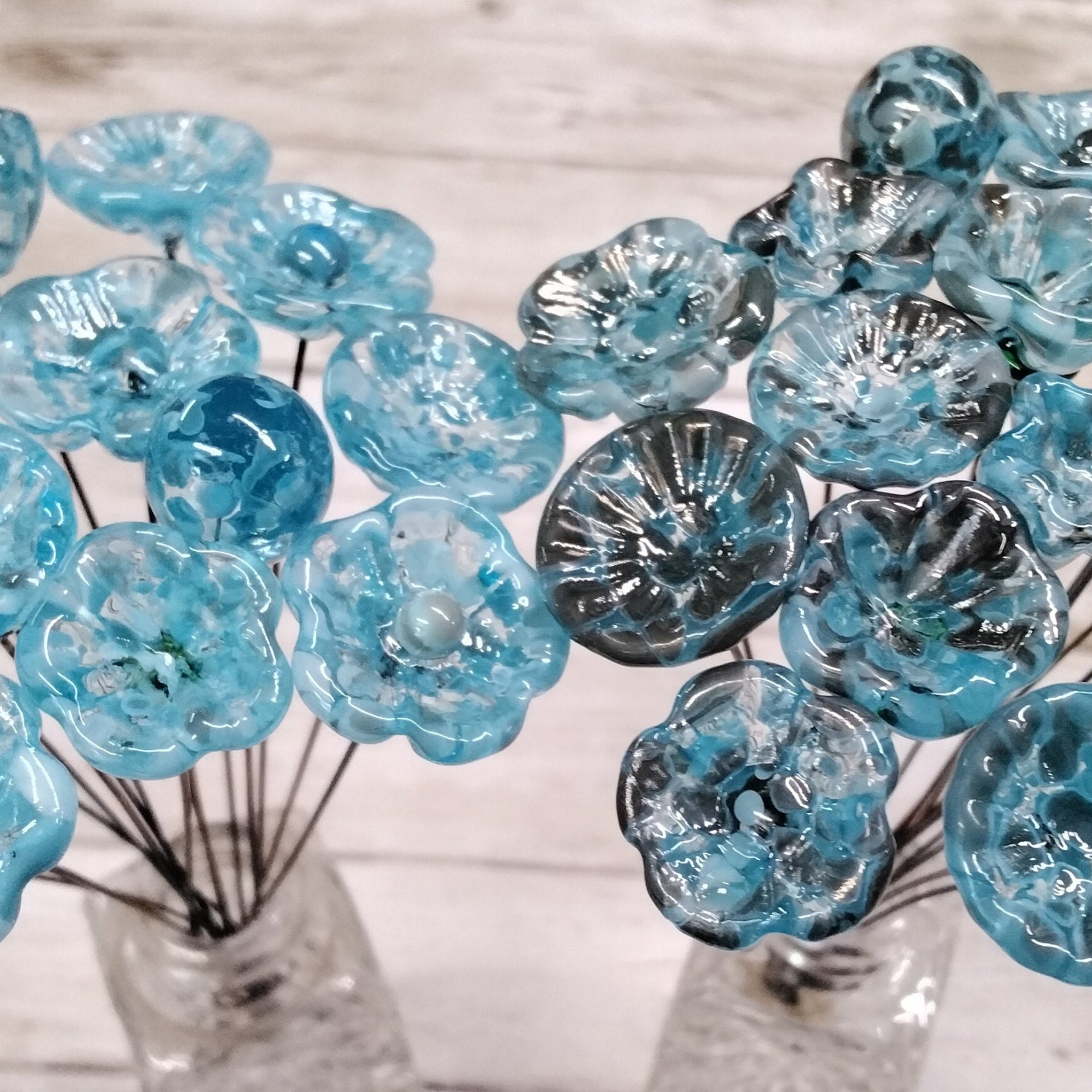 TURQUOISE VARIEGATED glass flowers;  mini tiny small glass flowers on wire; handcrafted lampwork, jewelry, mixed media, wedding, small gift