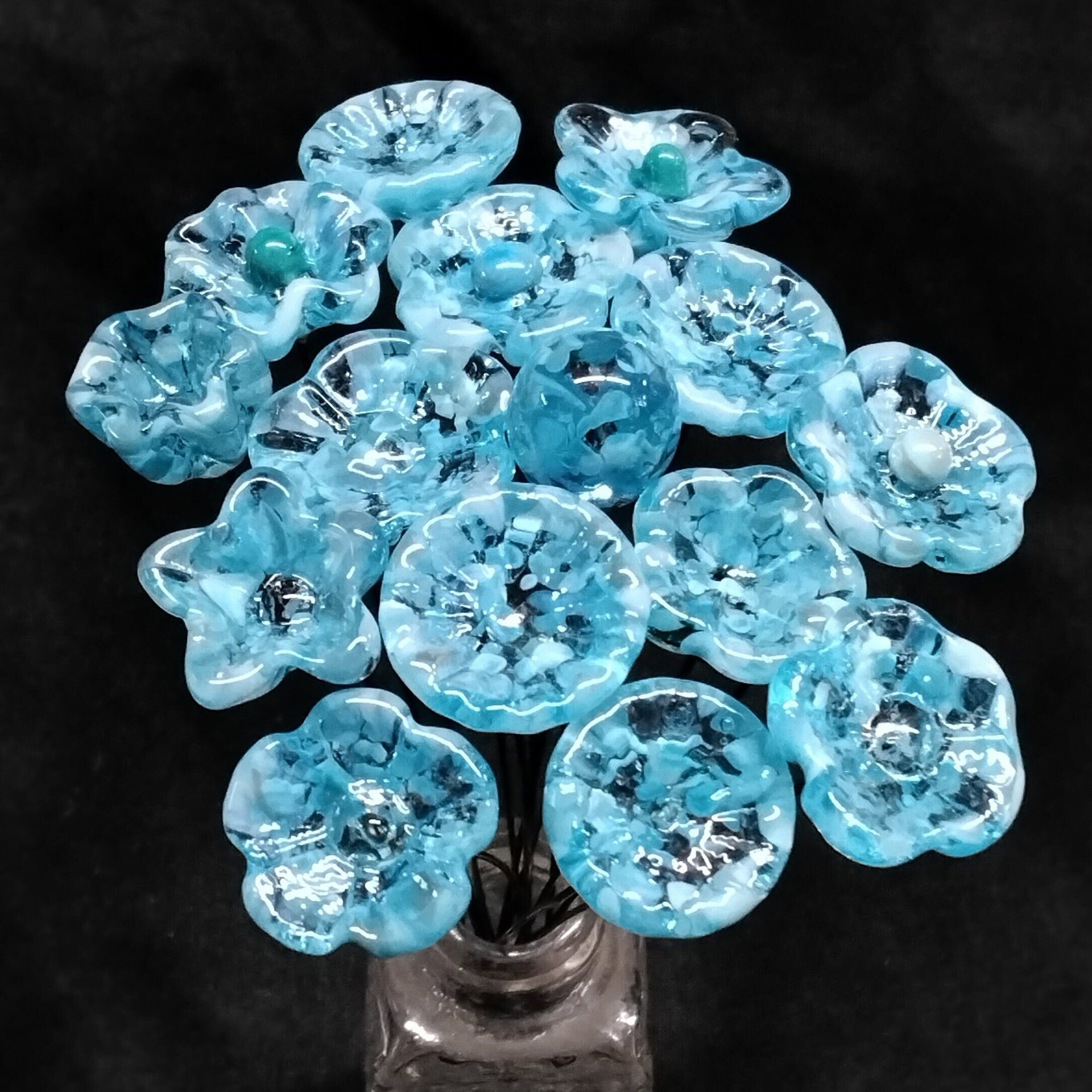 TURQUOISE VARIEGATED glass flowers;  mini tiny small glass flowers on wire; handcrafted lampwork, jewelry, mixed media, wedding, small gift