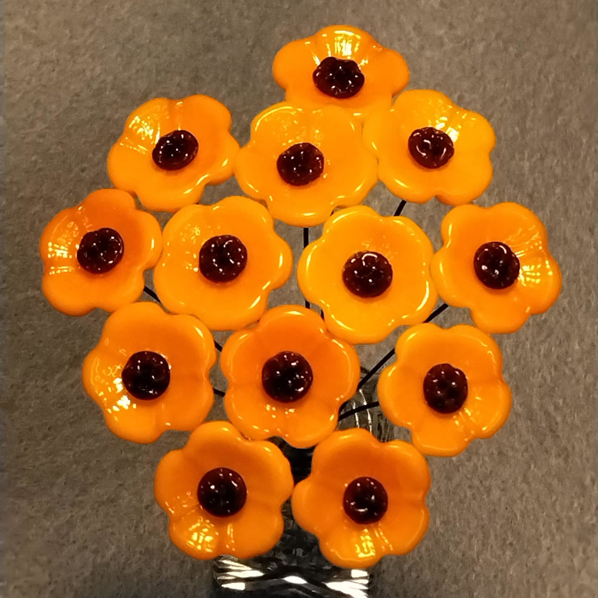 Merigold Butterscotch tiny glass flowers on wire headpins; handcraft lampwork: jewelry, gifts, wedding, bouquets, mixed media fall autumn