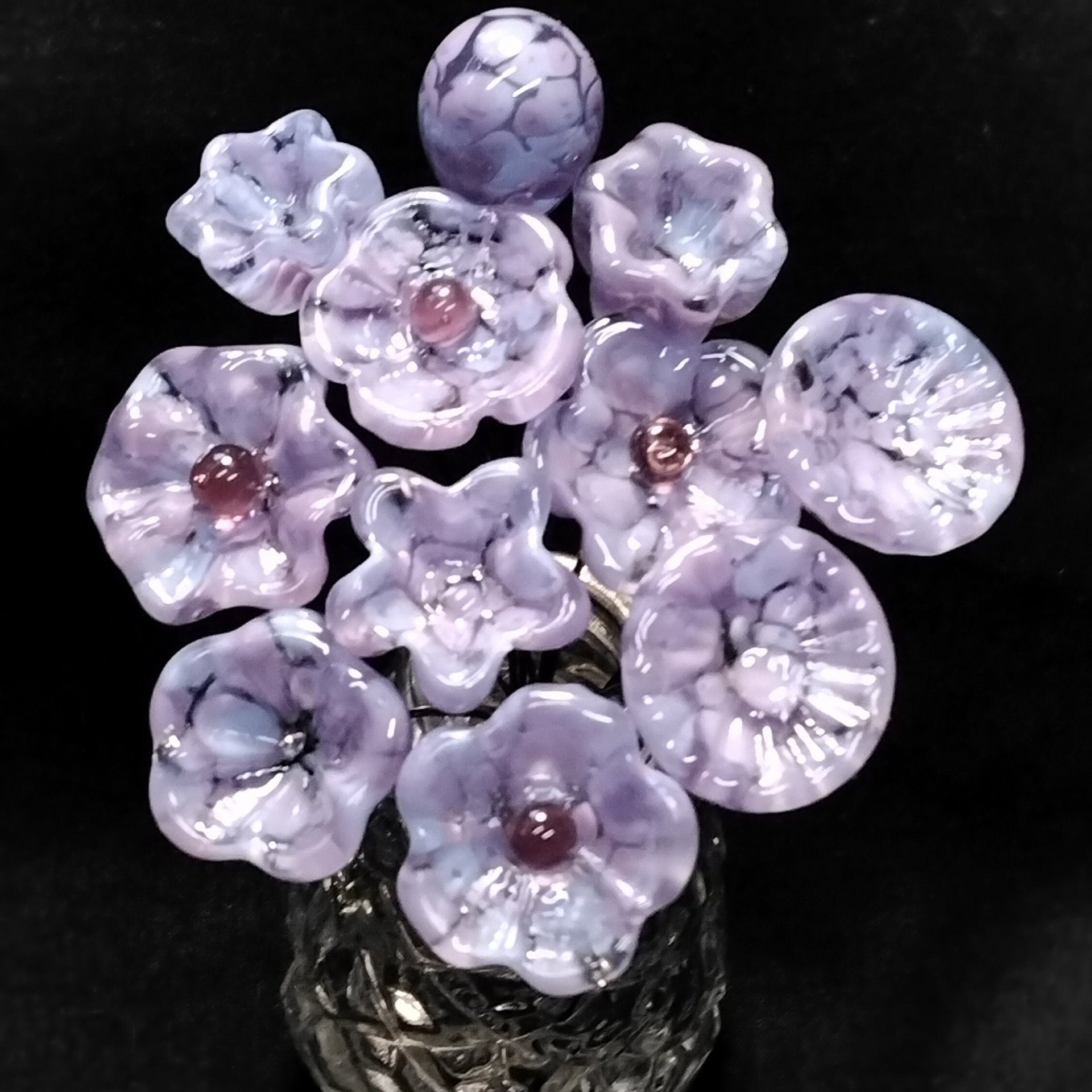 SOFT LAVENDER MOTTLE glass flowers, tiny small mini glass flowers on wire; handcrafted lampwork, jewelry, mixed media, weddings, plant gift