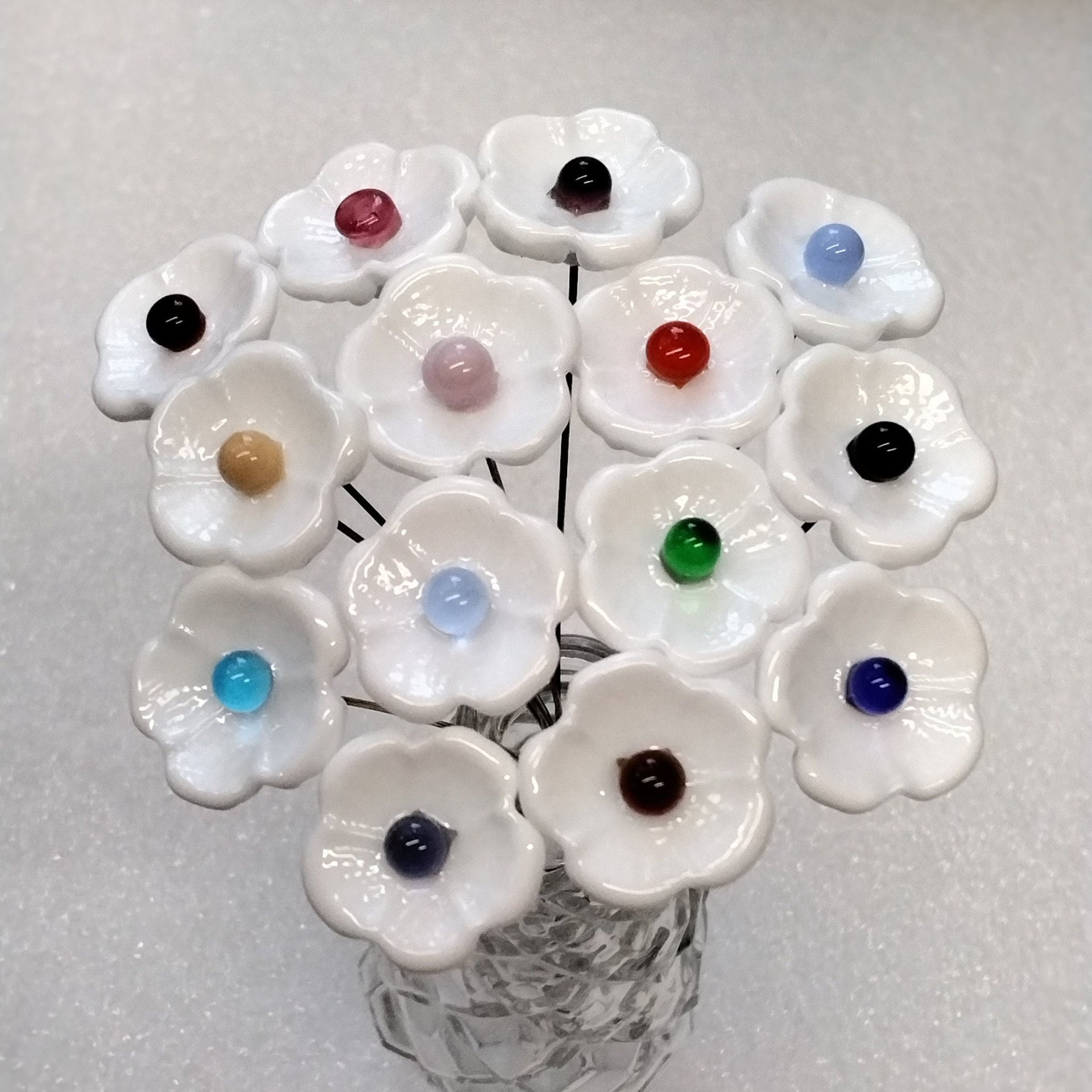 WHITE with COLOR CENTER Dot glass flower headpins ~ tiny small mini glass flowers on wire; lampwork, jewelry, mixed media, wedding, gifts