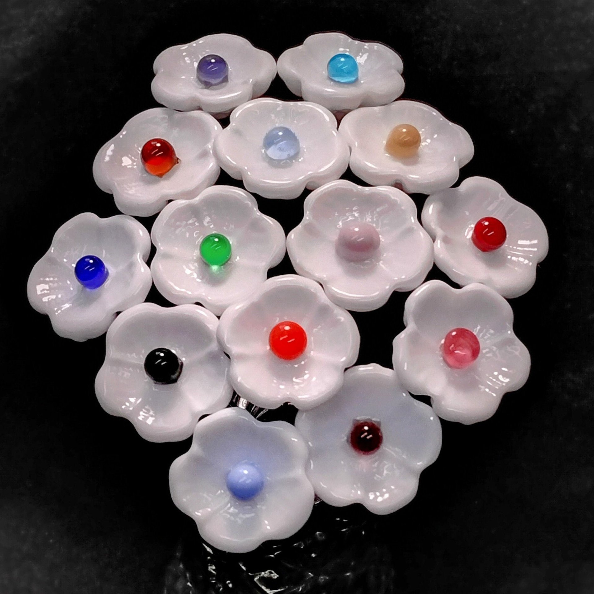 WHITE with COLOR CENTER Dot glass flower headpins ~ tiny small mini glass flowers on wire; lampwork, jewelry, mixed media, wedding, gifts