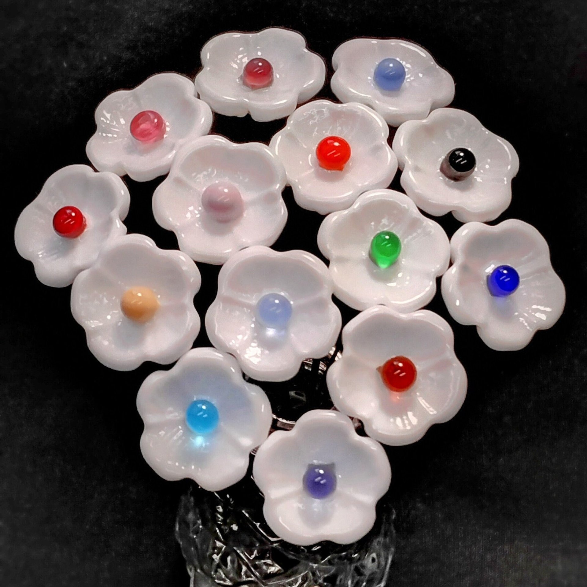 WHITE with COLOR CENTER Dot glass flower headpins ~ tiny small mini glass flowers on wire; lampwork, jewelry, mixed media, wedding, gifts