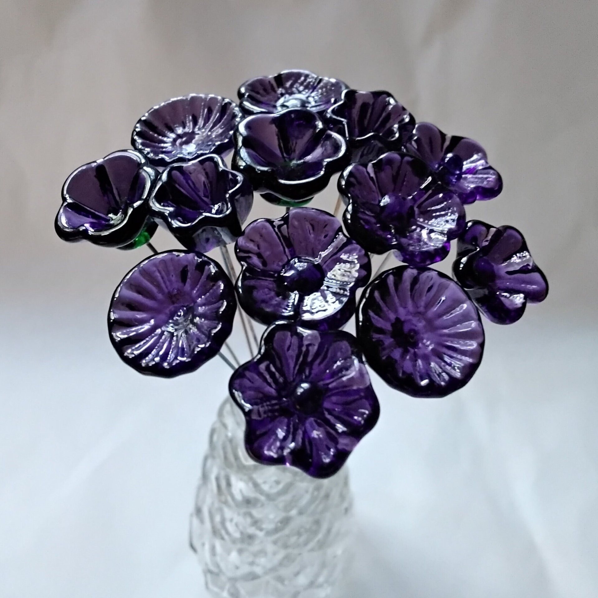 DEEP DARK PURPLE glass flowers, mini tiny small glass flowers on wire; handcrafted lampwork, jewelry, mixed media, wedding, plants, gift