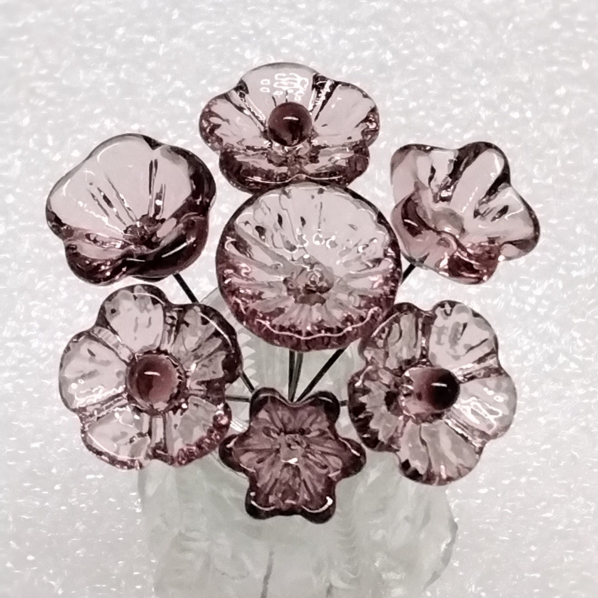 LIGHT ROSE' WINE 5-petal glass flower headpins ~ tiny small mini glass flowers on wire; handcrafted lampwork,
