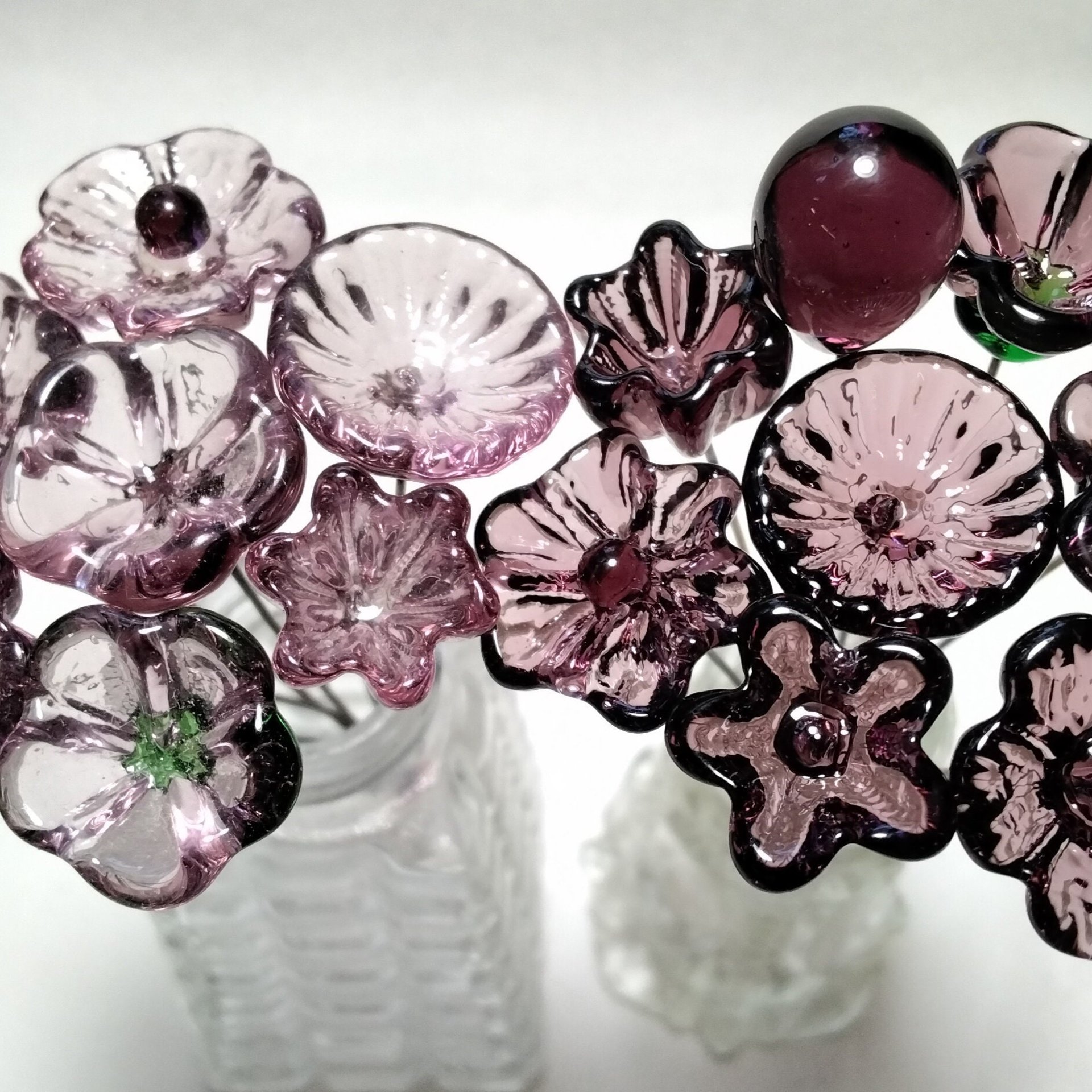 LIGHT ROSE' WINE 5-petal glass flower headpins ~ tiny small mini glass flowers on wire; handcrafted lampwork,