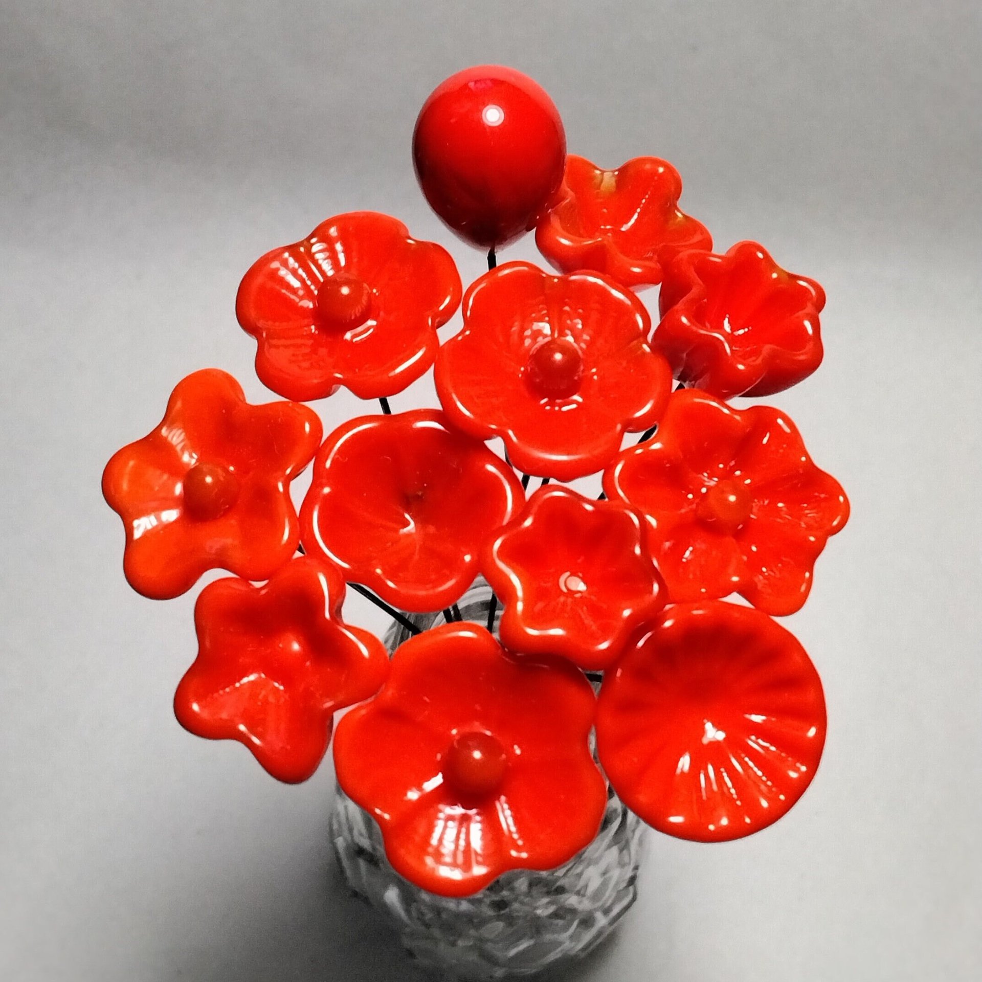 BRIGHT ORANGE glass flowers headpins; miniature tiny small glass flowers on wire; handcrafted lampwork, jewelry, mixed media, curio, gift