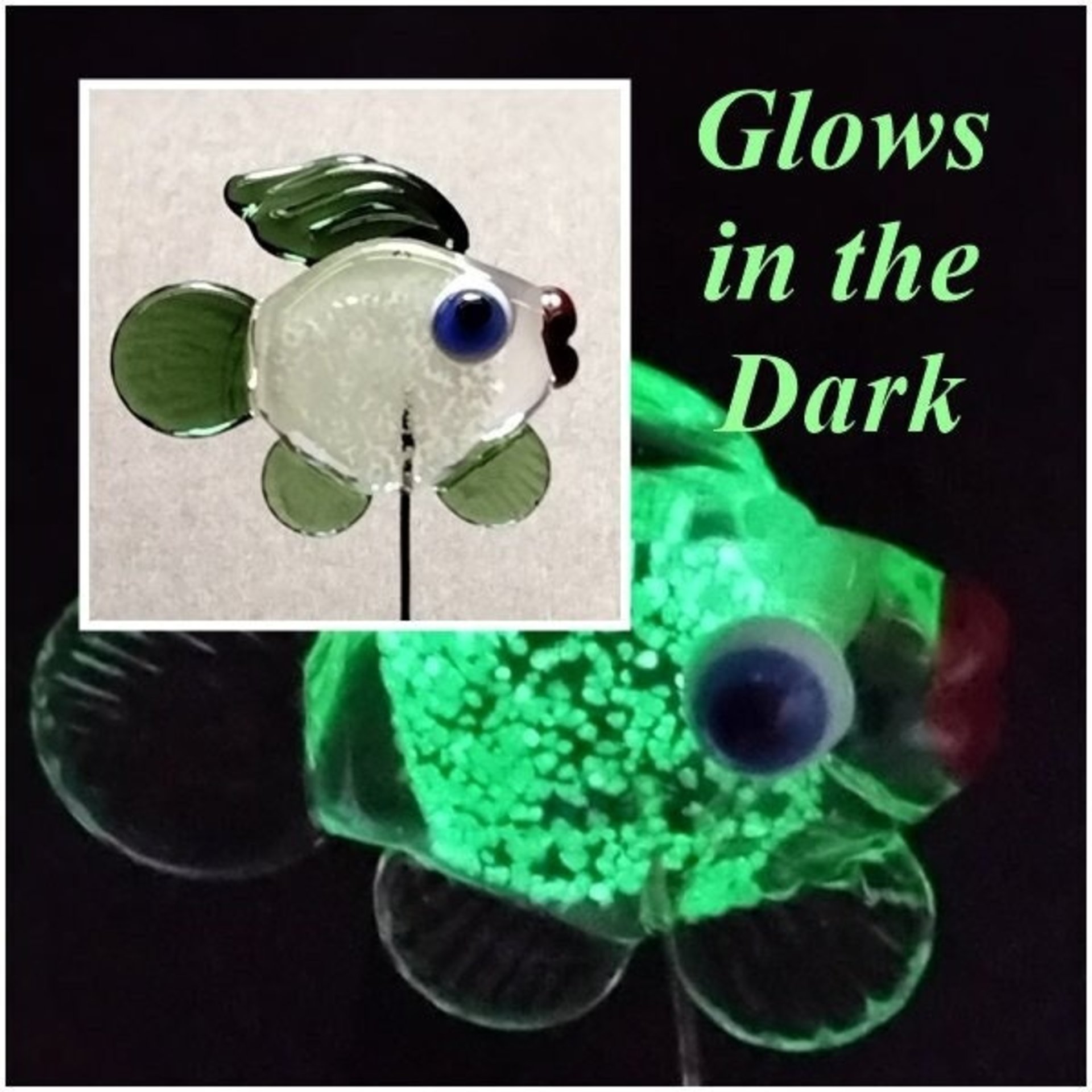 GlowGlitterSage FISH glass sculpture 5" high; handmade lampwork small fish sculpture on 20 gauge wire ~tiny small  Uranium glow in the dark