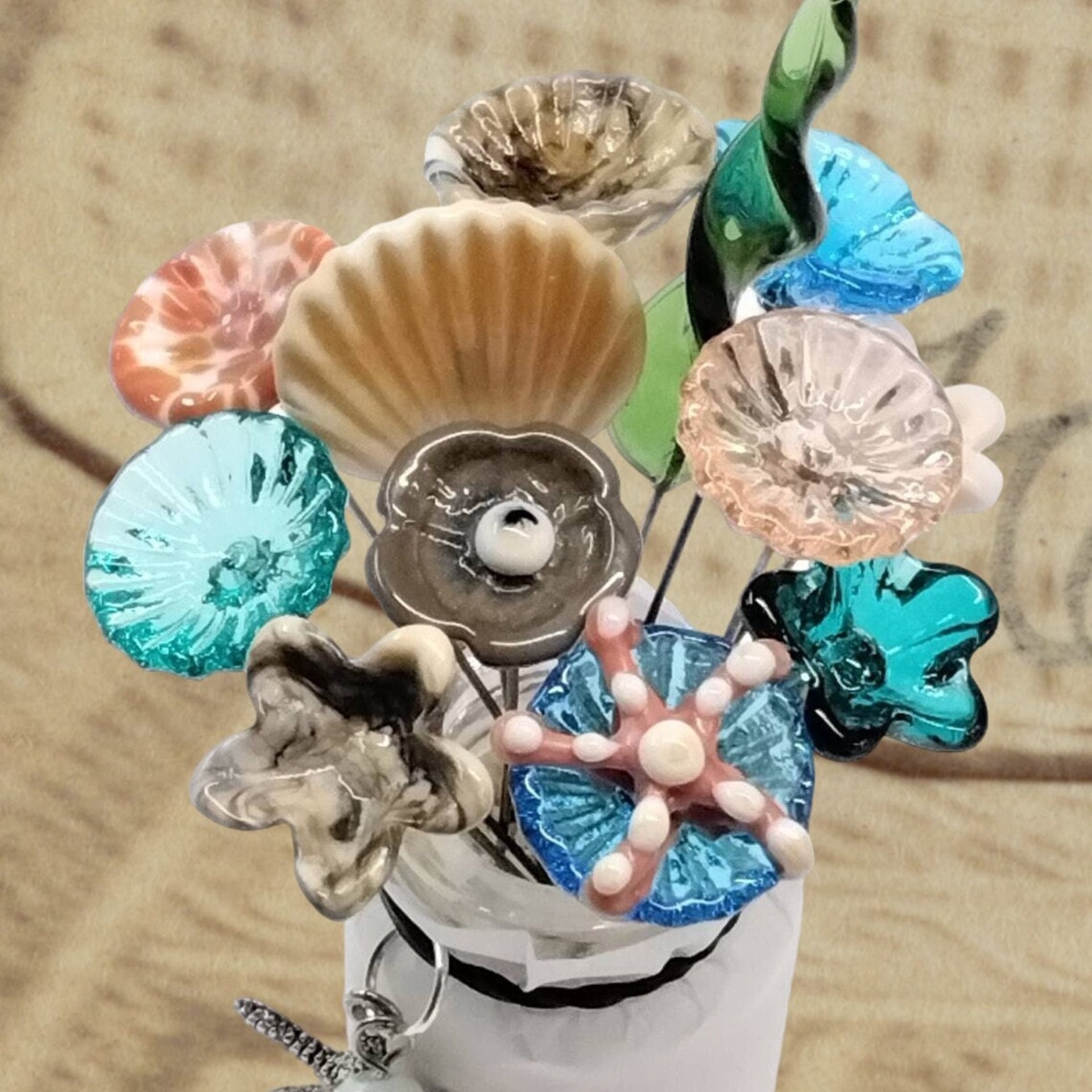 Ocean Beach Bouquet mixed glass flowers with ocean beach colors, tiny small mini glass flowers; each unique, great gift! ocean, beach, sand