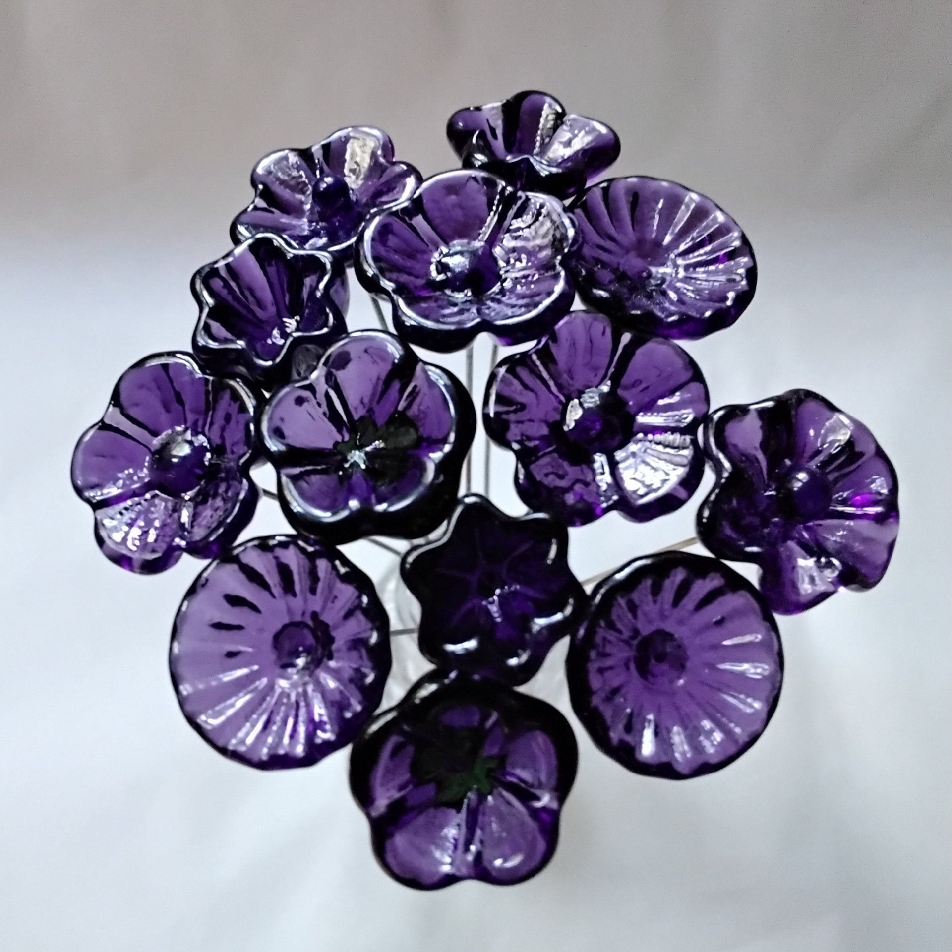 DEEP DARK PURPLE glass flowers, mini tiny small glass flowers on wire; handcrafted lampwork, jewelry, mixed media, wedding, plants, gift