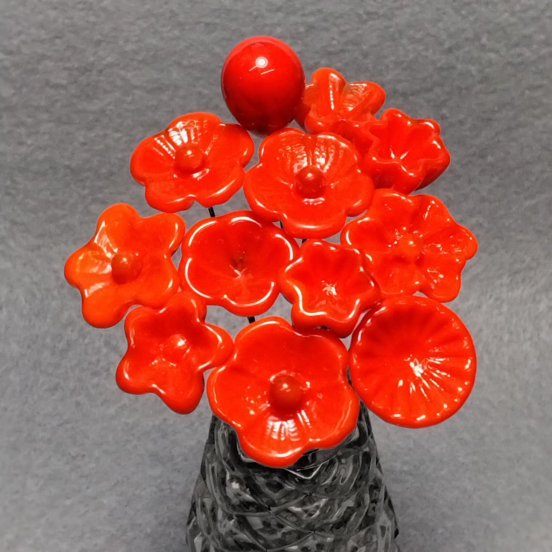 BRIGHT ORANGE glass flowers headpins; miniature tiny small glass flowers on wire; handcrafted lampwork, jewelry, mixed media, curio, gift