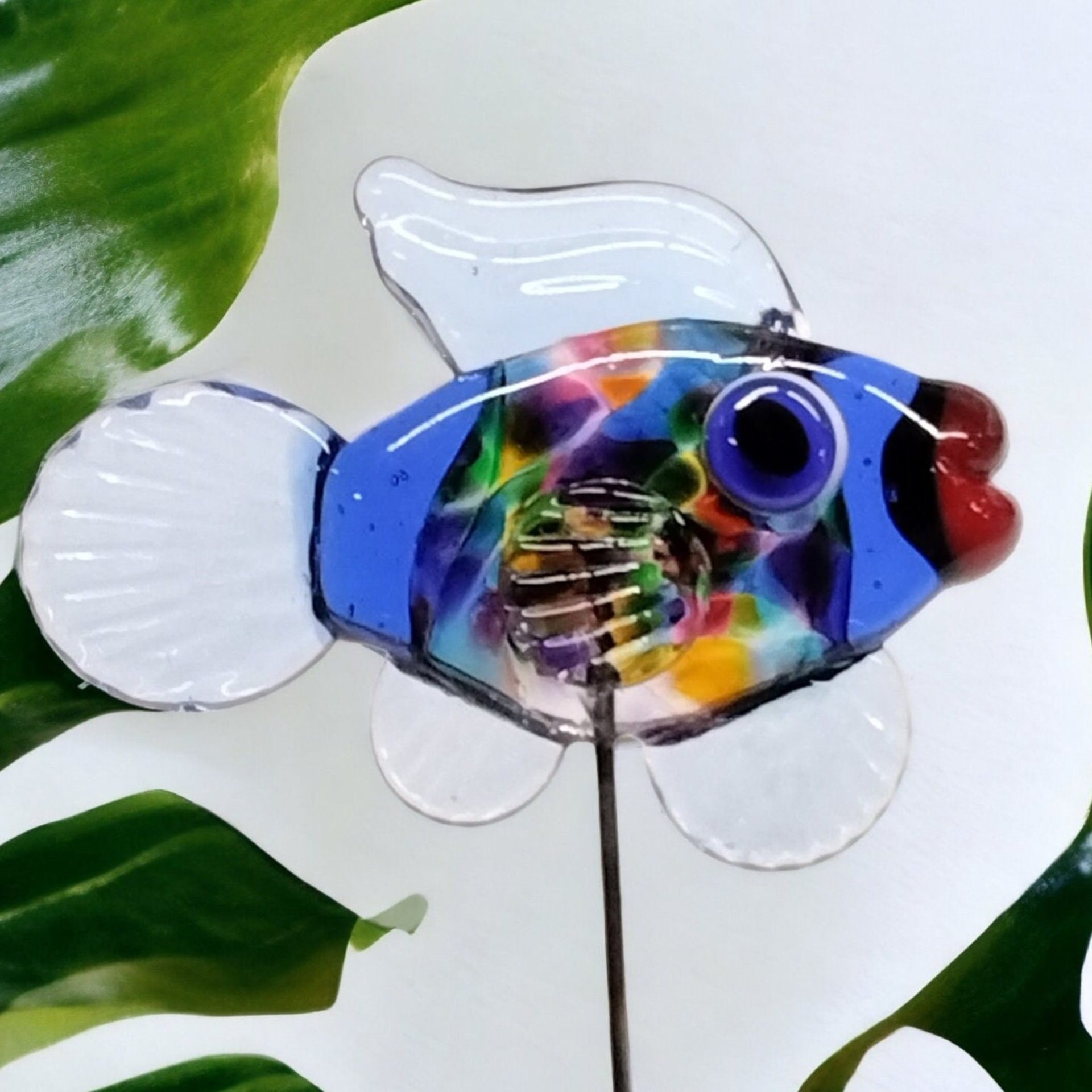 RAINBOW KALEIDOSCOPE FISH glass sculpture 5" high; handmade lampwork small fish sculpture on wire  ~ tiny small miniature glass fish