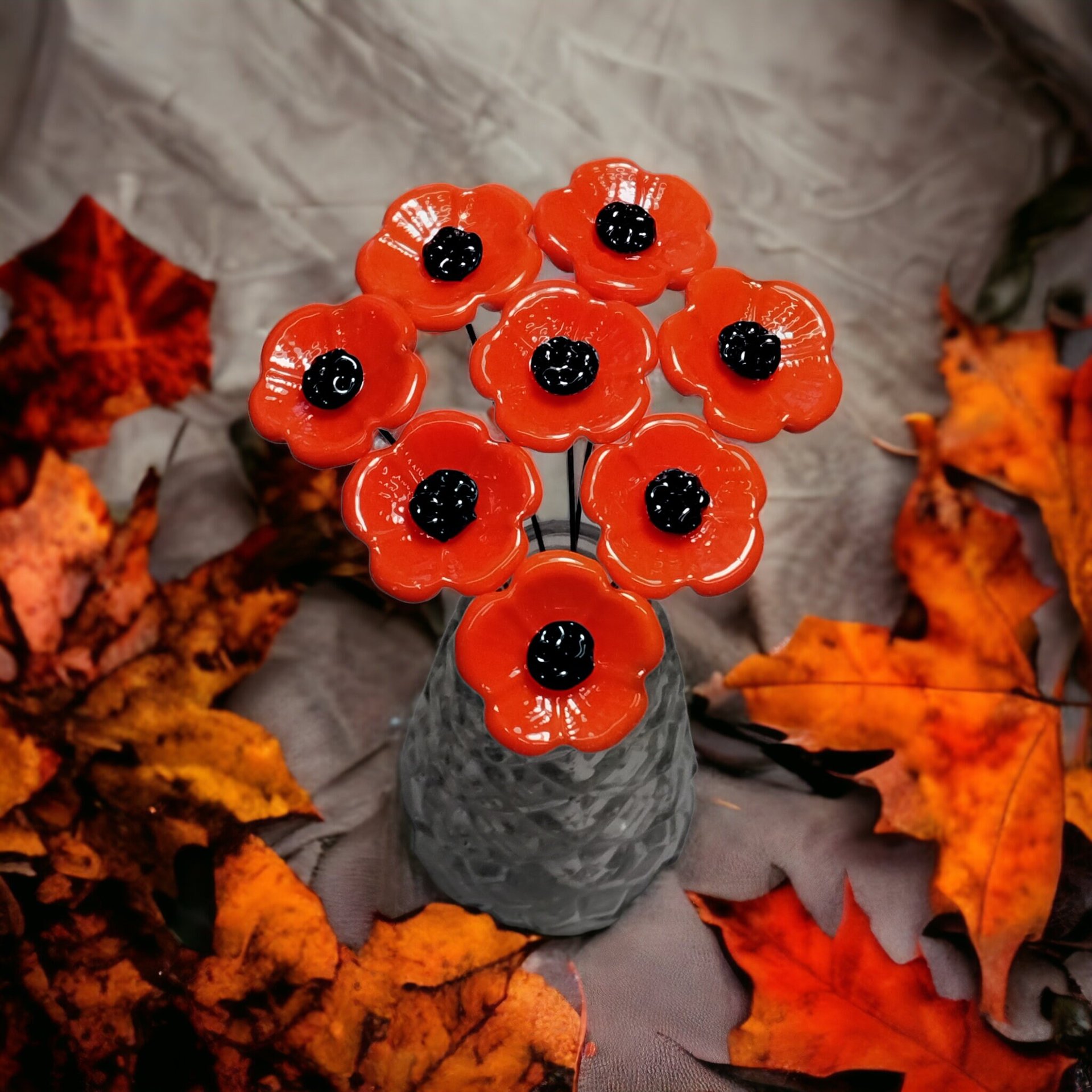 POPPY MIX Red and Orange glass flower Set of 6; small tiny miniature glass flowers on wire, handcrafted lampwork, jewelry, mixed media, gift