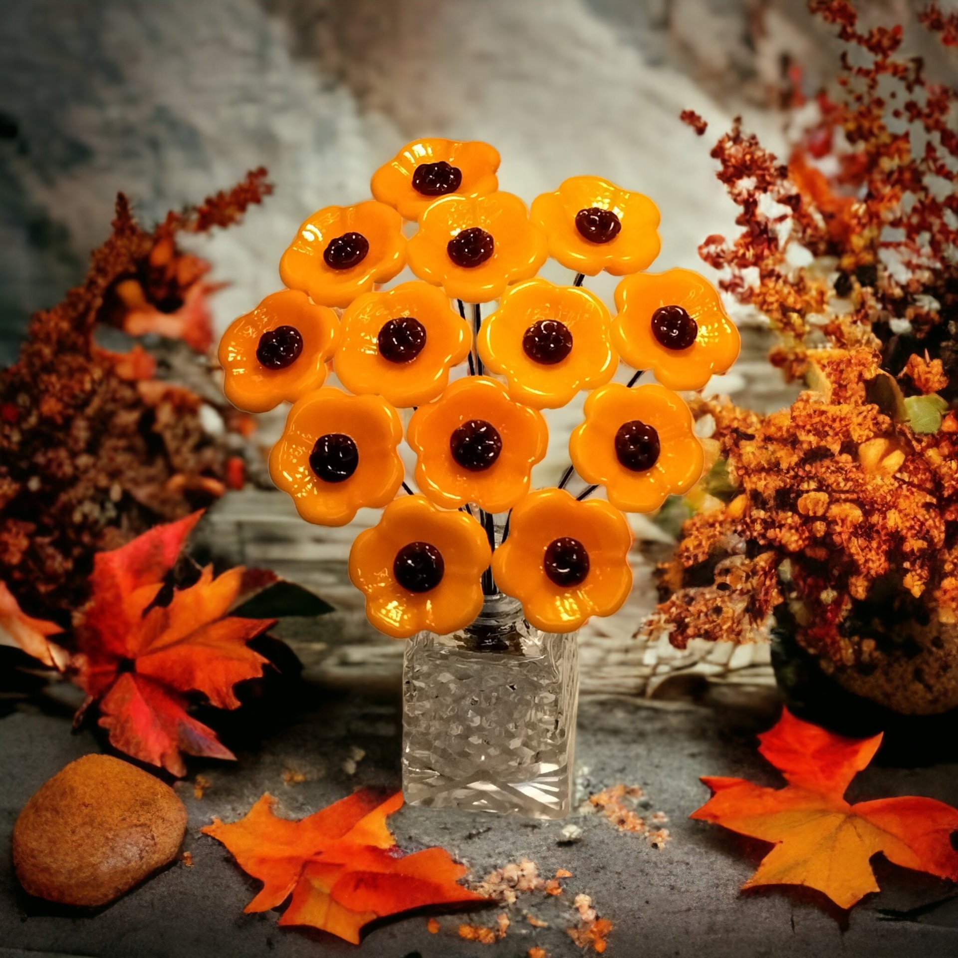 Merigold Butterscotch tiny glass flowers on wire headpins; handcraft lampwork: jewelry, gifts, wedding, bouquets, mixed media fall autumn