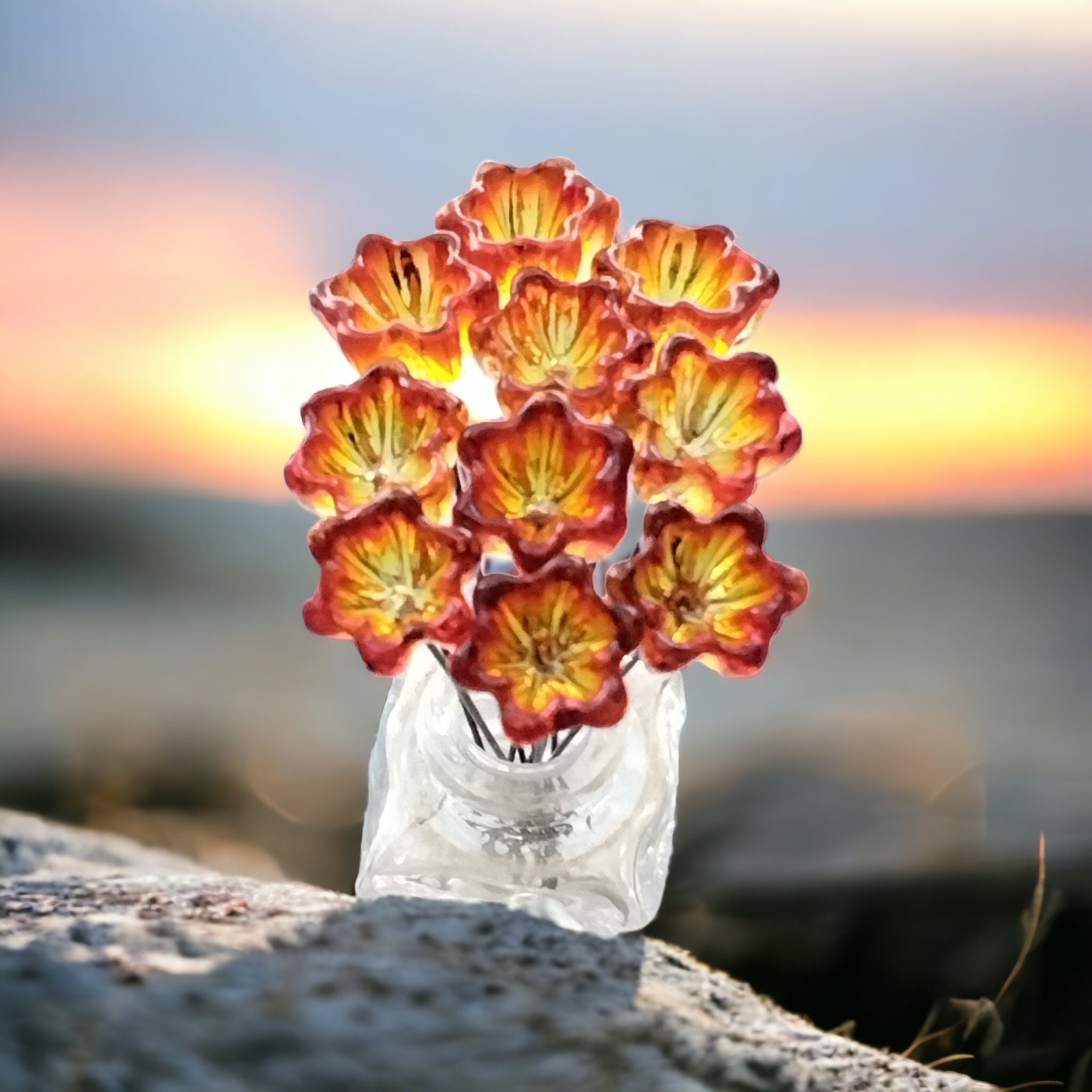 Fire Mini Rufflebell glass flower on wire headpins, mini tiny small glass flowers on wire; handcrafted lampwork, jewelry, mixed media, gifts