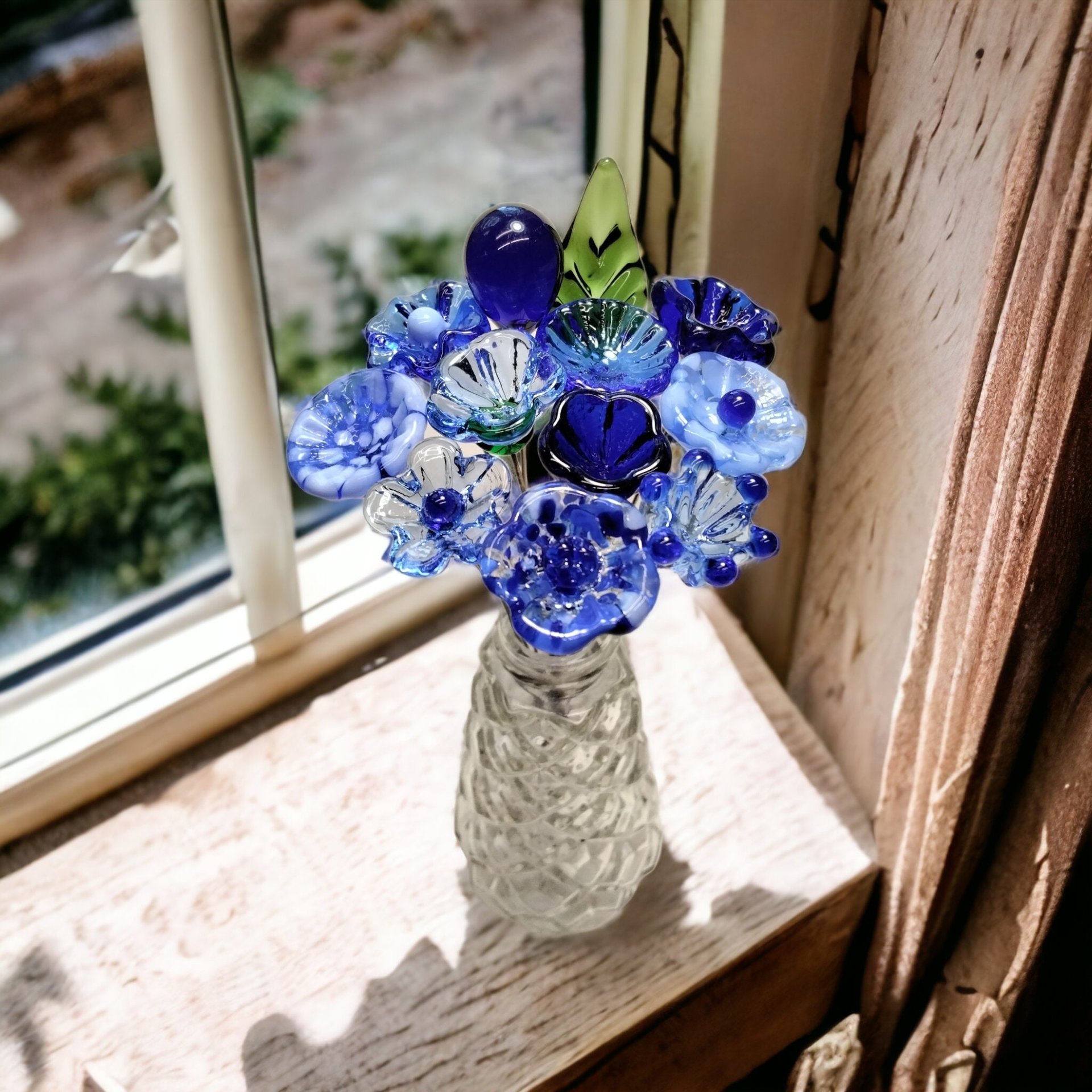 TRUE BLUE BOUQUET-loyal/trustworthy/faithful ~glass flower bouquet, small glass flowers handcrafted, curio, windowsill, collegue friend gift