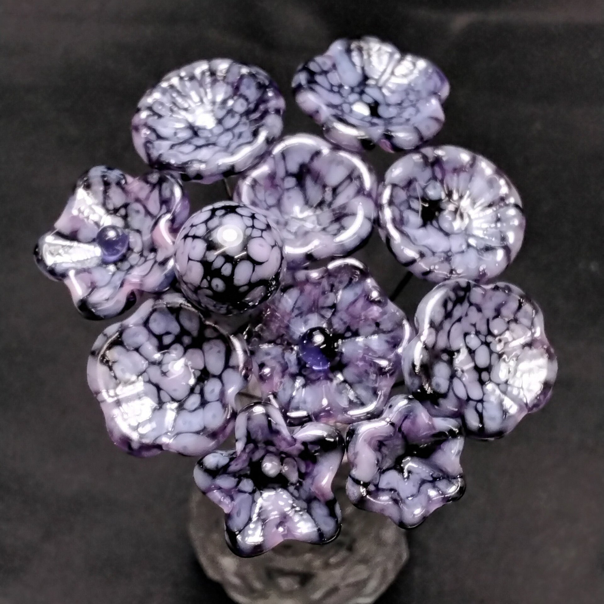 PURPLE MOTTLE JEWELTONE glass flowers; mini tiny small glass flowers on wire; handcraft lampwork, jewelry, mixed media, wedding, plant gift