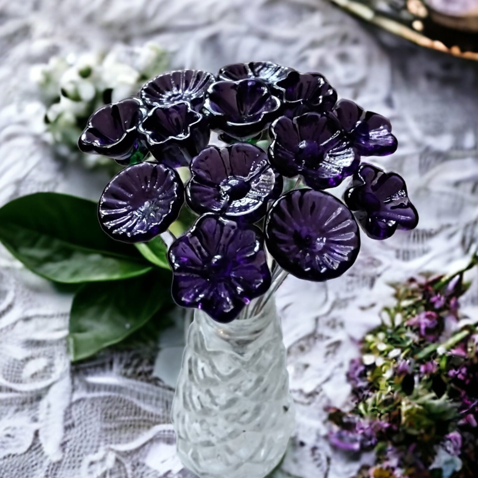 DEEP DARK PURPLE glass flowers, mini tiny small glass flowers on wire; handcrafted lampwork, jewelry, mixed media, wedding, plants, gift