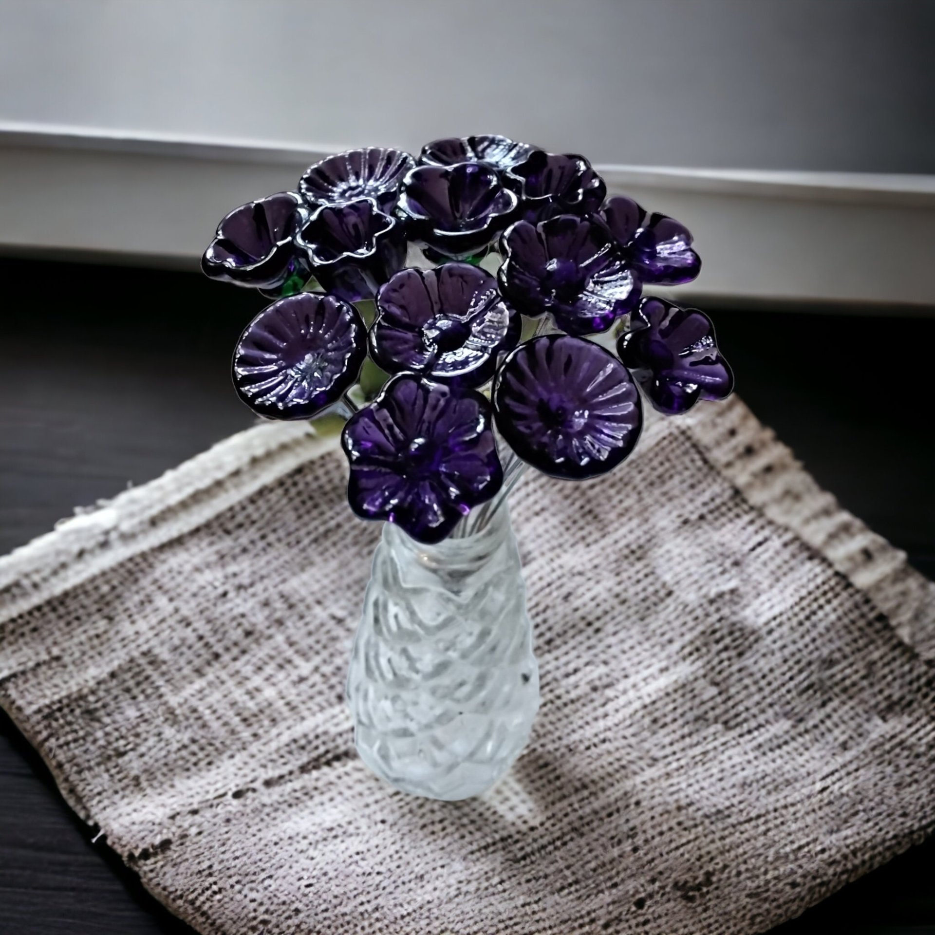 DEEP DARK PURPLE glass flowers, mini tiny small glass flowers on wire; handcrafted lampwork, jewelry, mixed media, wedding, plants, gift