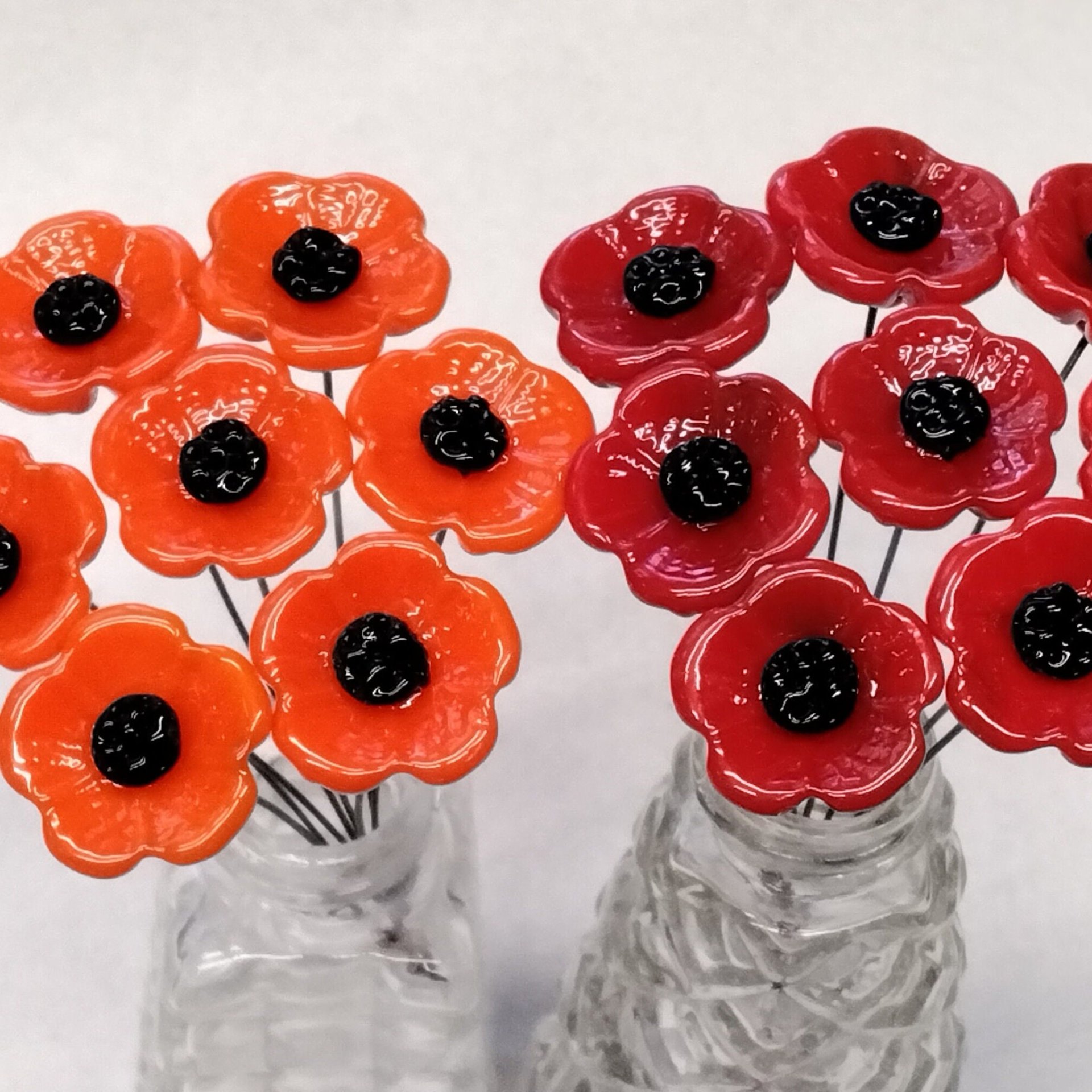 POPPY MIX Red and Orange glass flower Set of 6; small tiny miniature glass flowers on wire, handcrafted lampwork, jewelry, mixed media, gift