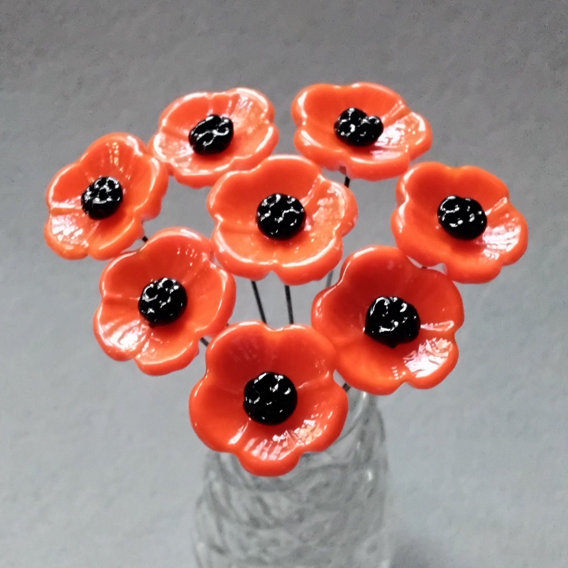 POPPY MIX Red and Orange glass flower Set of 6; small tiny miniature glass flowers on wire, handcrafted lampwork, jewelry, mixed media, gift