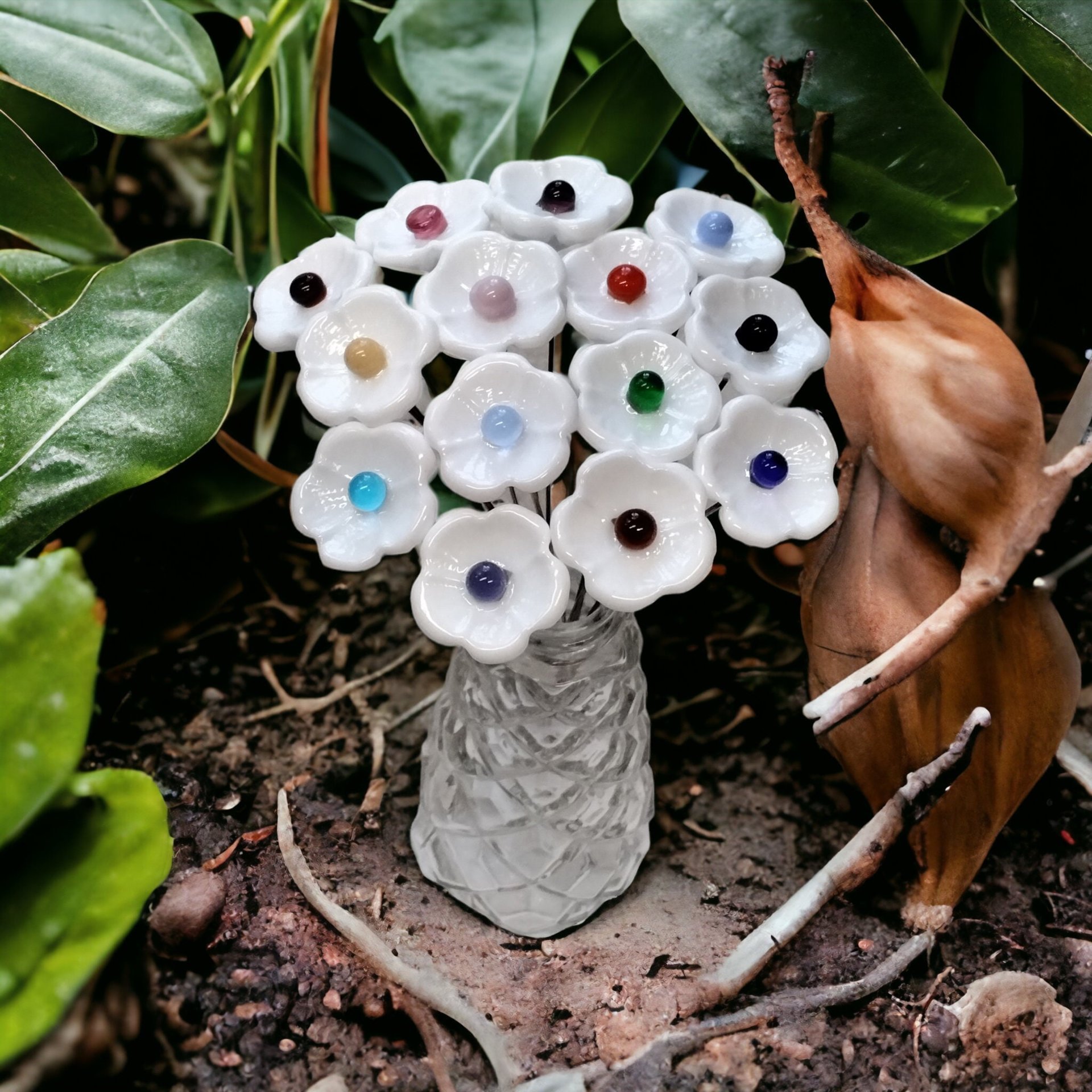 WHITE with COLOR CENTER Dot glass flower headpins ~ tiny small mini glass flowers on wire; lampwork, jewelry, mixed media, wedding, gifts