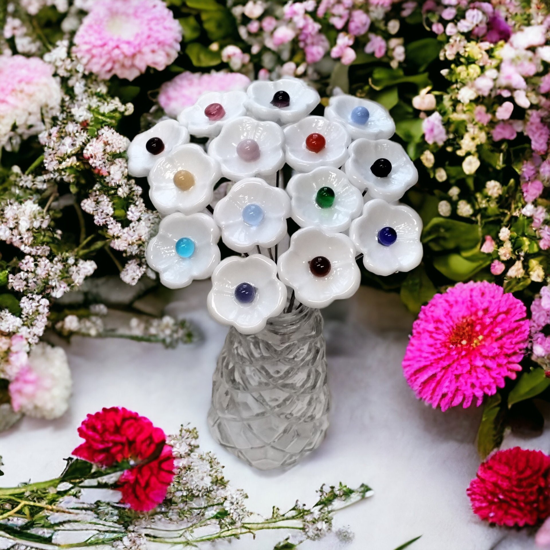 WHITE with COLOR CENTER Dot glass flower headpins ~ tiny small mini glass flowers on wire; lampwork, jewelry, mixed media, wedding, gifts