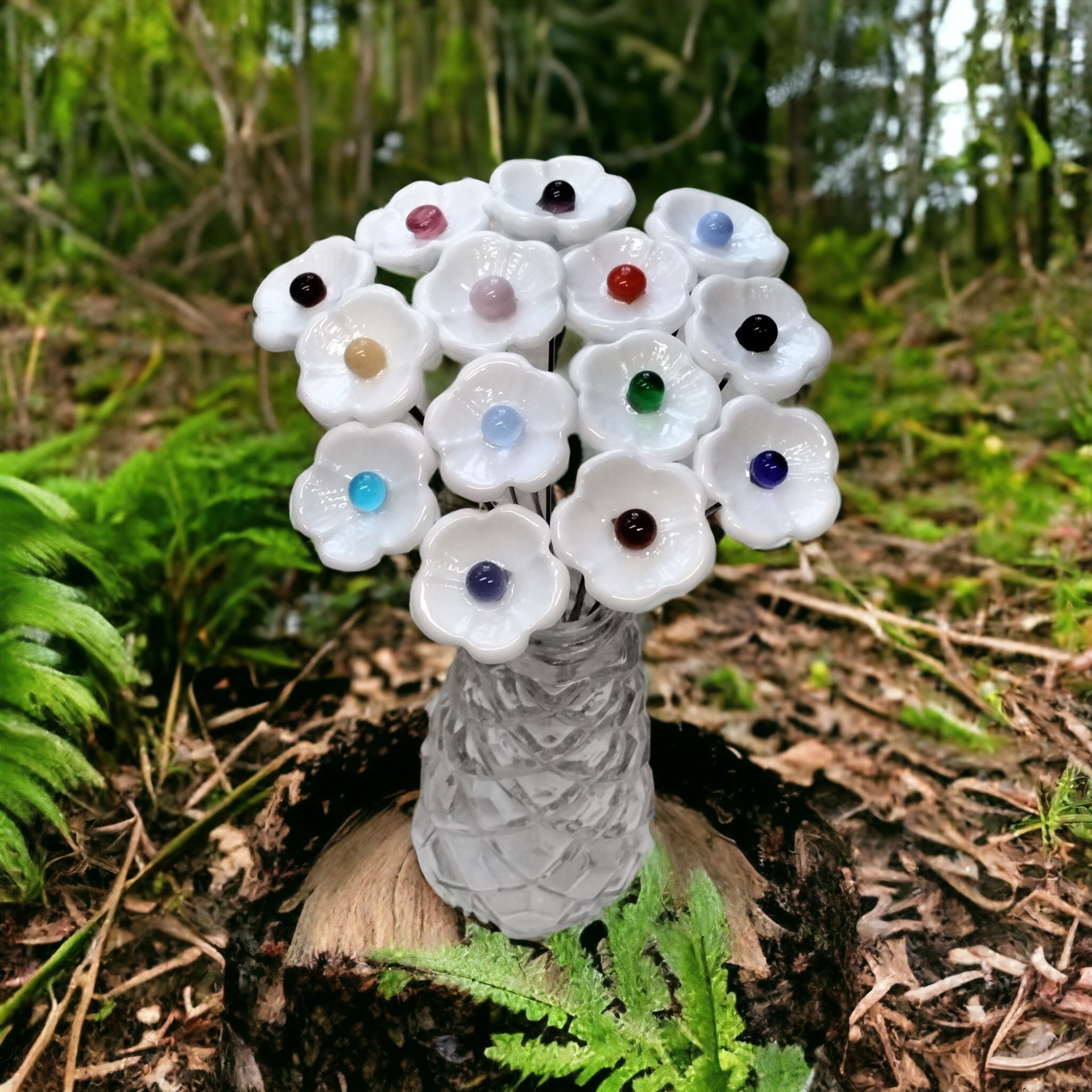 WHITE with COLOR CENTER Dot glass flower headpins ~ tiny small mini glass flowers on wire; lampwork, jewelry, mixed media, wedding, gifts