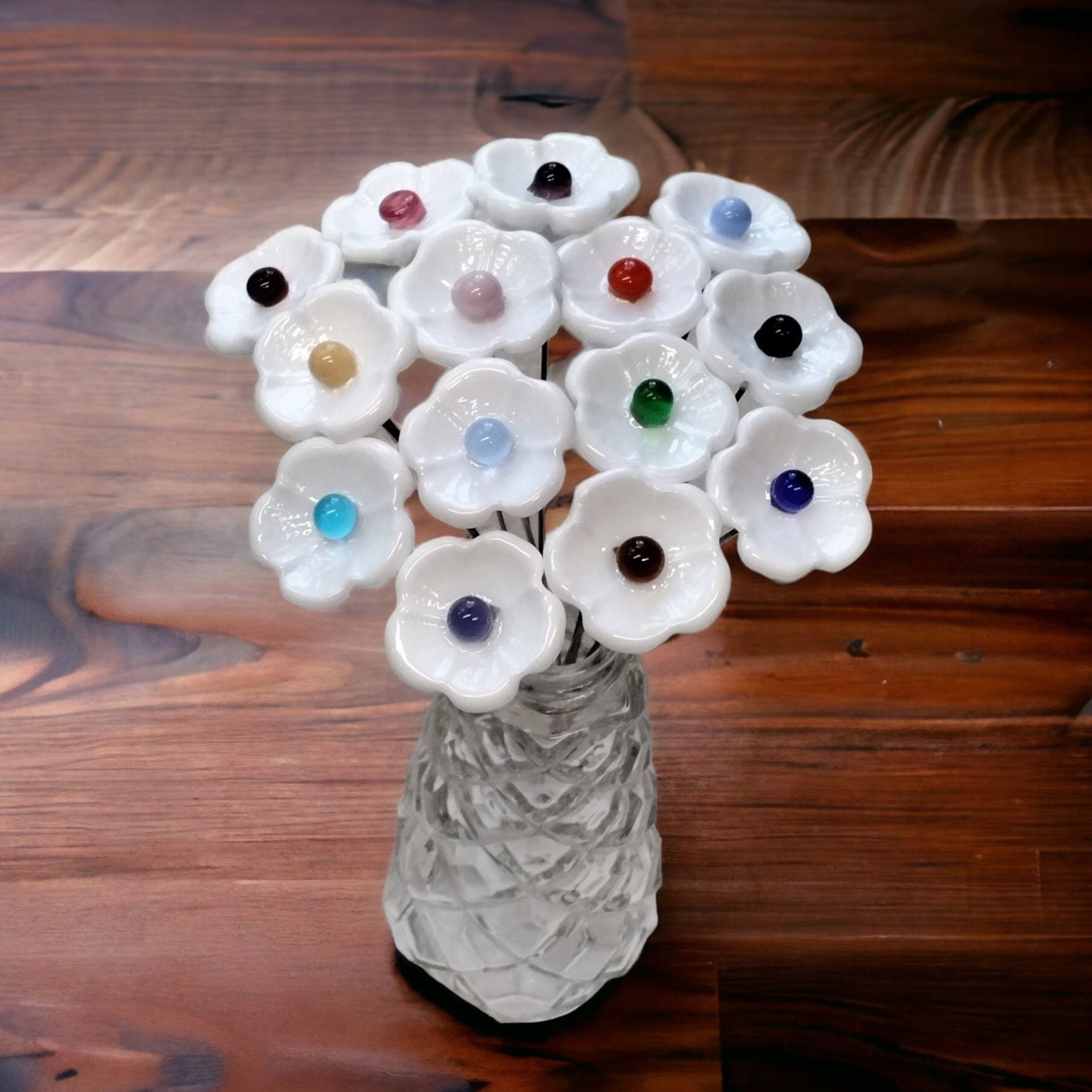 WHITE with COLOR CENTER Dot glass flower headpins ~ tiny small mini glass flowers on wire; lampwork, jewelry, mixed media, wedding, gifts