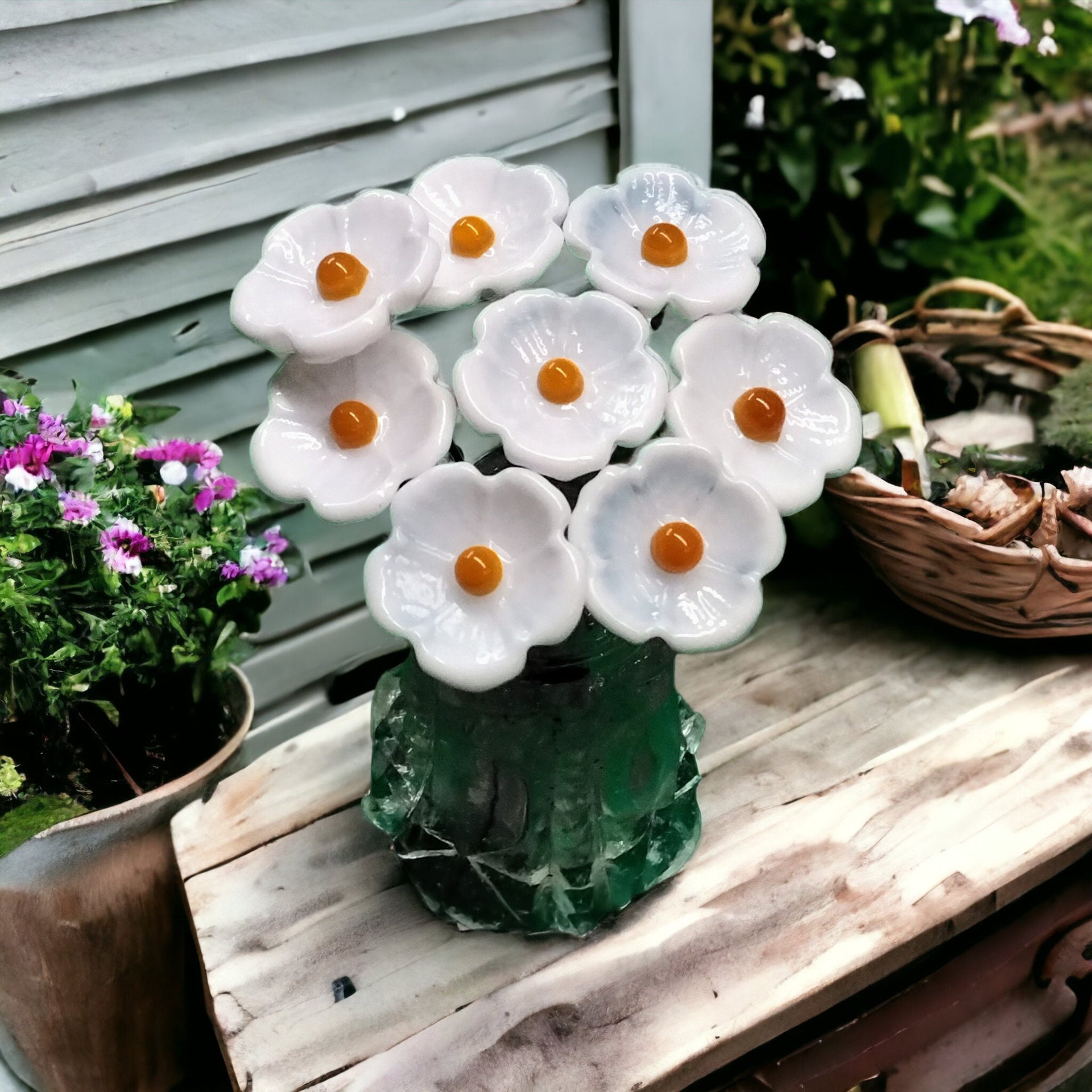 White 5-petal with yellow center glass flower headpins, tiny small mini glass flowers on wire; lampwork, jewelry, mixed media, wedding, gift