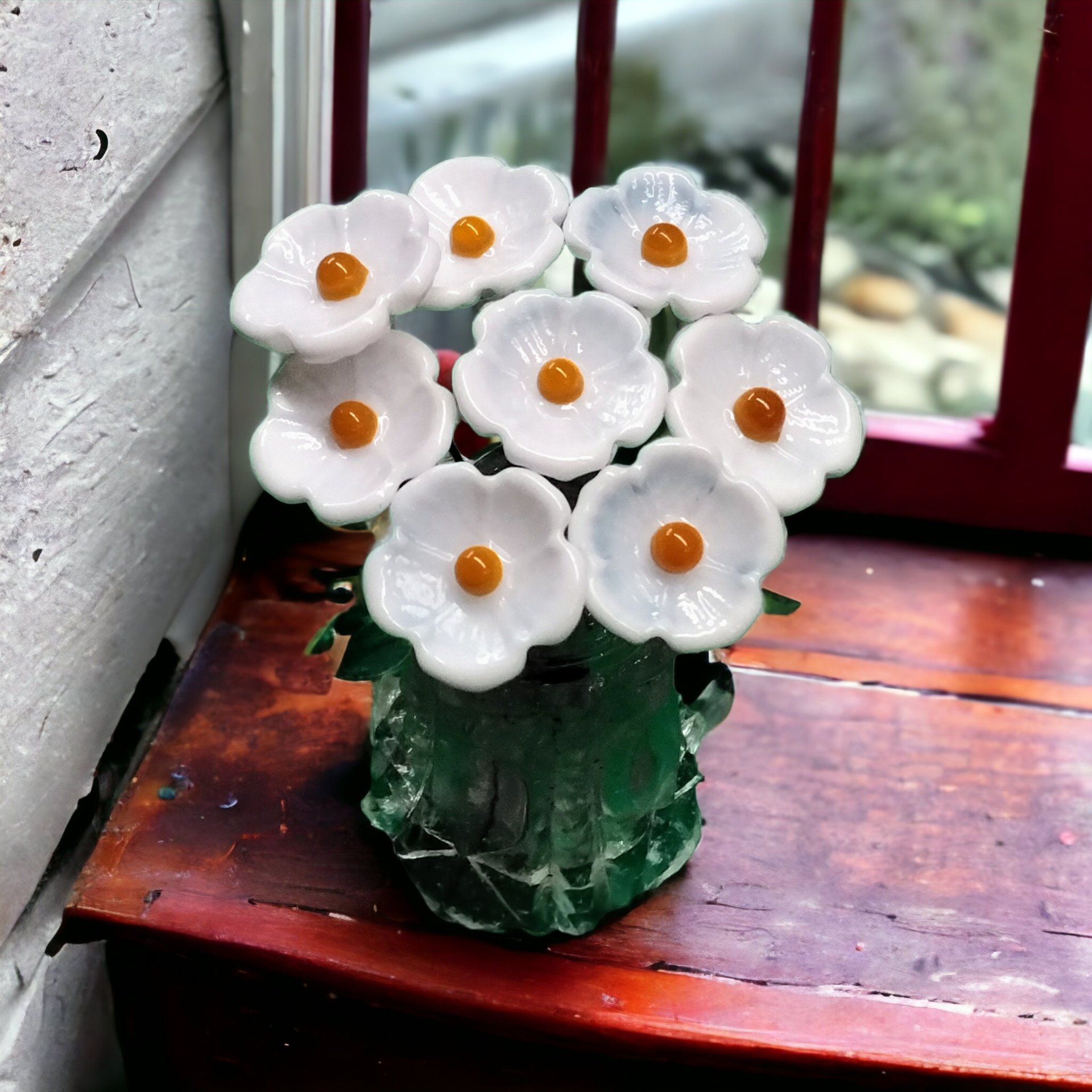 White 5-petal with yellow center glass flower headpins, tiny small mini glass flowers on wire; lampwork, jewelry, mixed media, wedding, gift