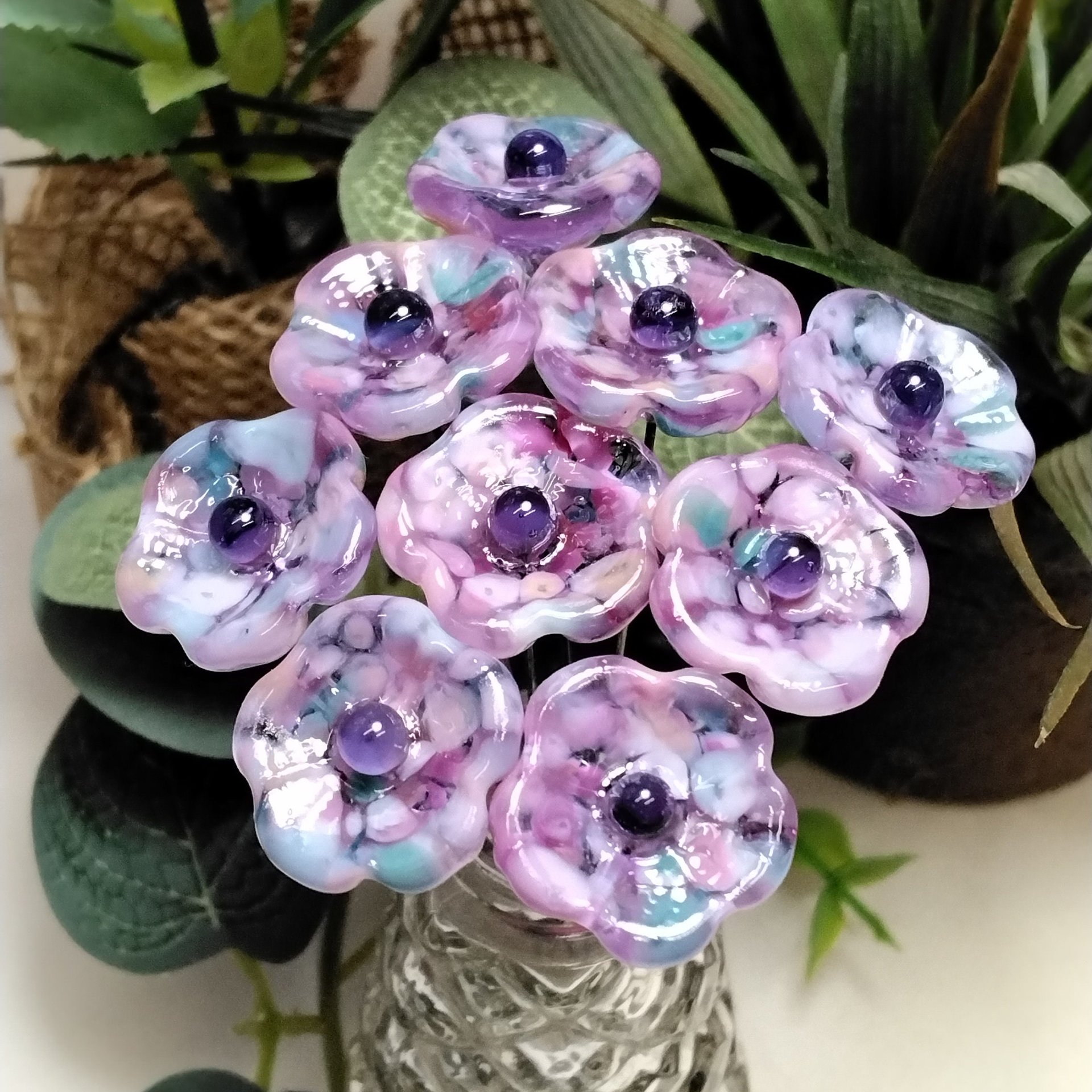Lavender Garden glass 5-petal mini glass flowers, tiny, small glass flowers on wire; hadcrafted lampwork, jewelry, mixed media, plant gift