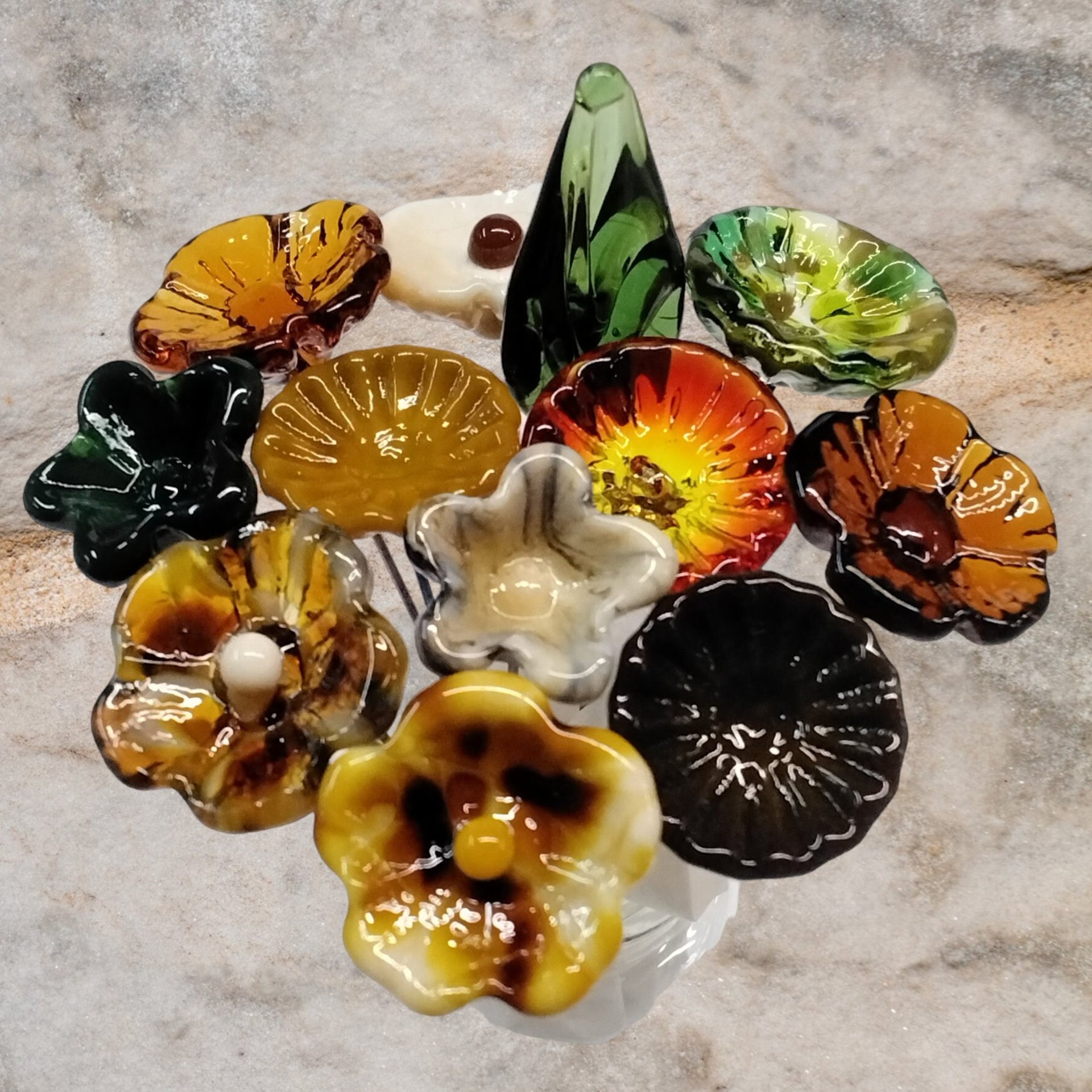 FALL IN LOVE Bouquet mixed glass flower/leaf bouquet, tiny mini small glass flowers, fall host gift, autumn bouquet, jewelry, wedding decor