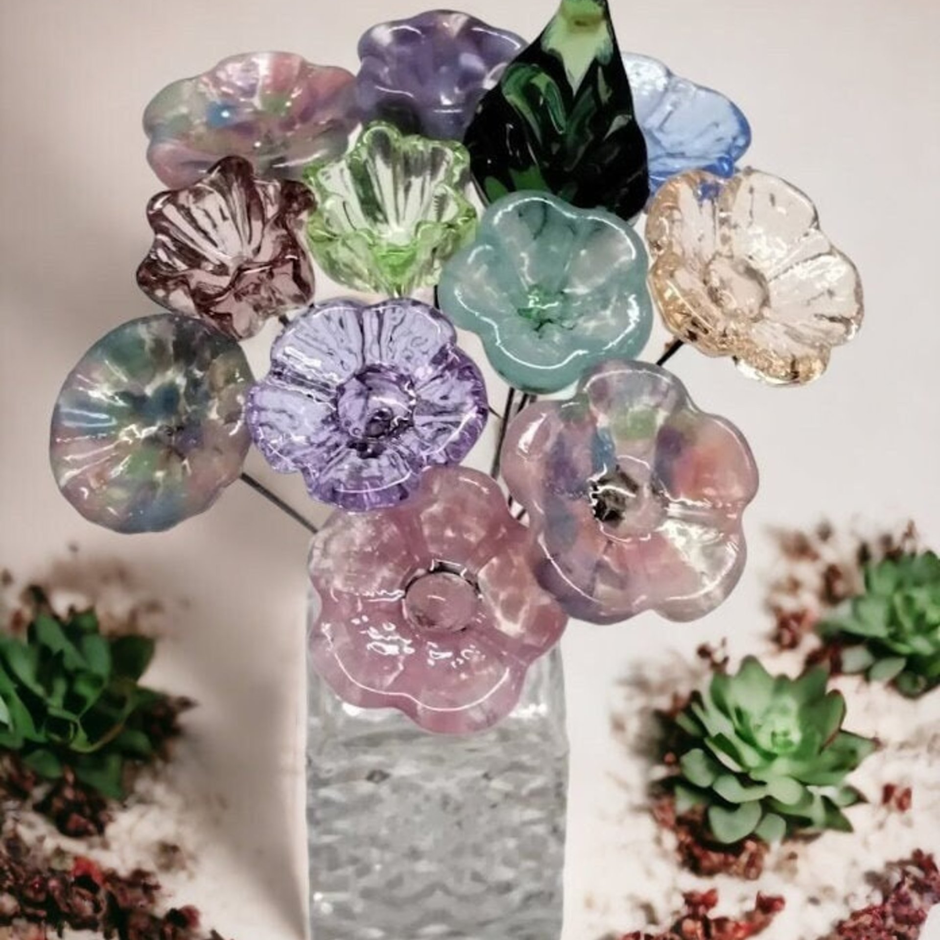 SPRING PASTELS Bouquet ~ glass flower/leaf bouquet, tiny small glass flowers; handcrafted lampwork, gift, wedding, pastel, jewelry, baby