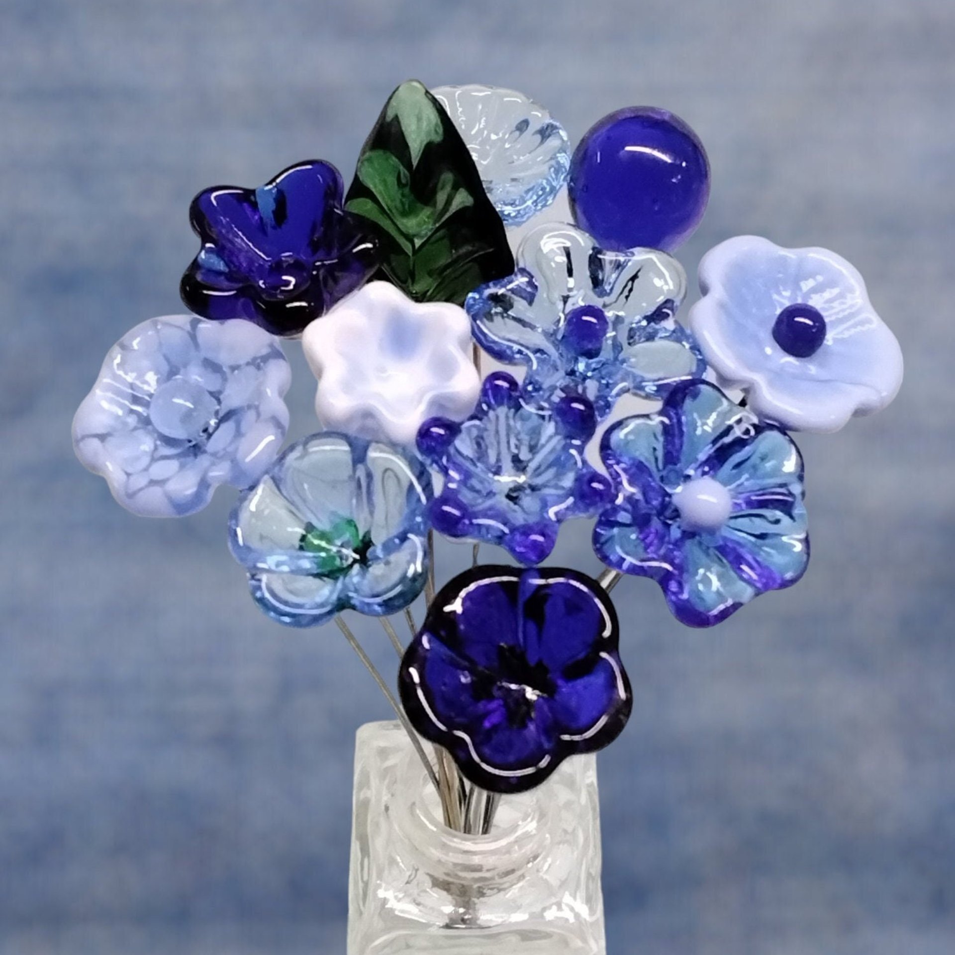 TRUE BLUE BOUQUET-loyal/trustworthy/faithful ~glass flower bouquet, small glass flowers handcrafted, curio, windowsill, collegue friend gift