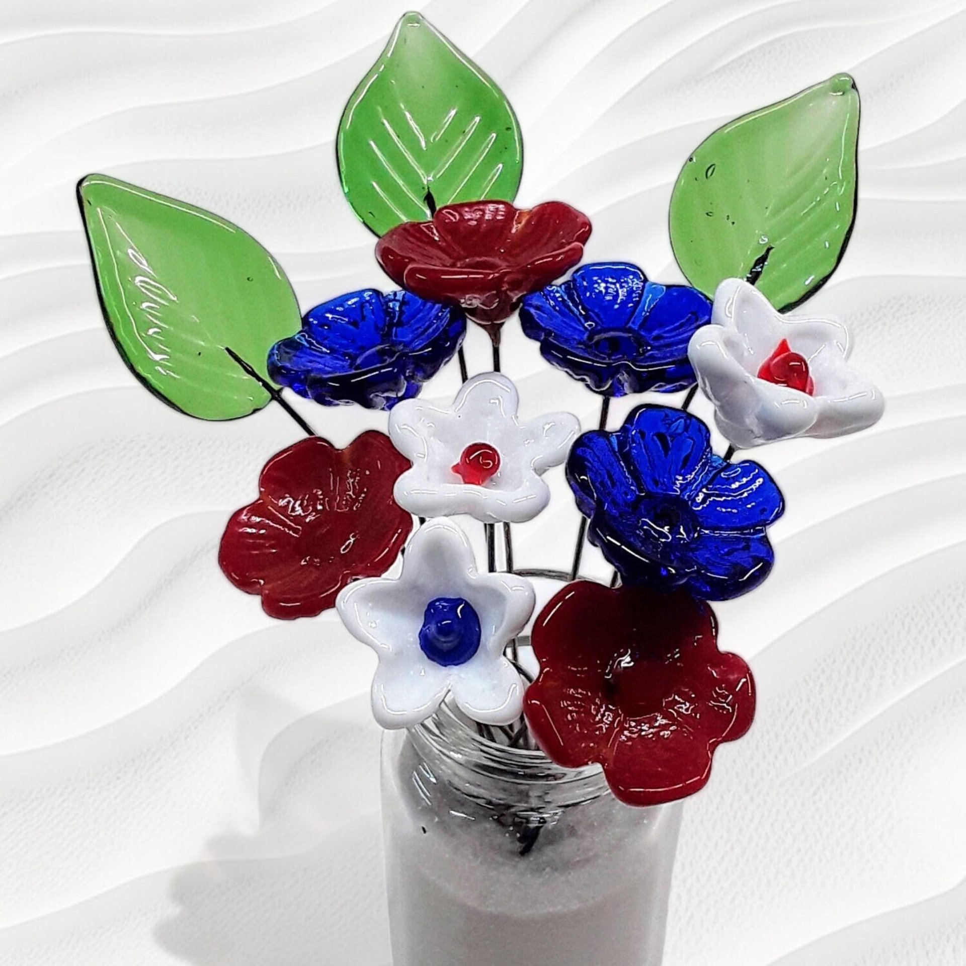 PATRIOTIC/RedWhiteBlue Bouquet ~ glass flower/leaf bouquet, tiny small mini glass flowers; indiviually crafted, military patriotic gift