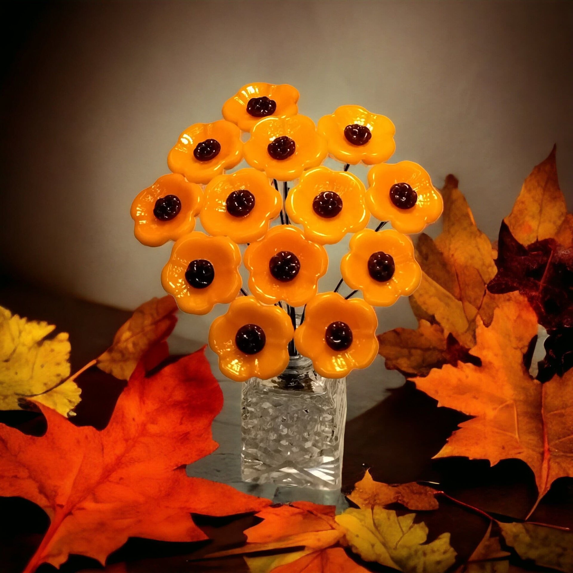 Merigold Butterscotch tiny glass flowers on wire headpins; handcraft lampwork: jewelry, gifts, wedding, bouquets, mixed media fall autumn