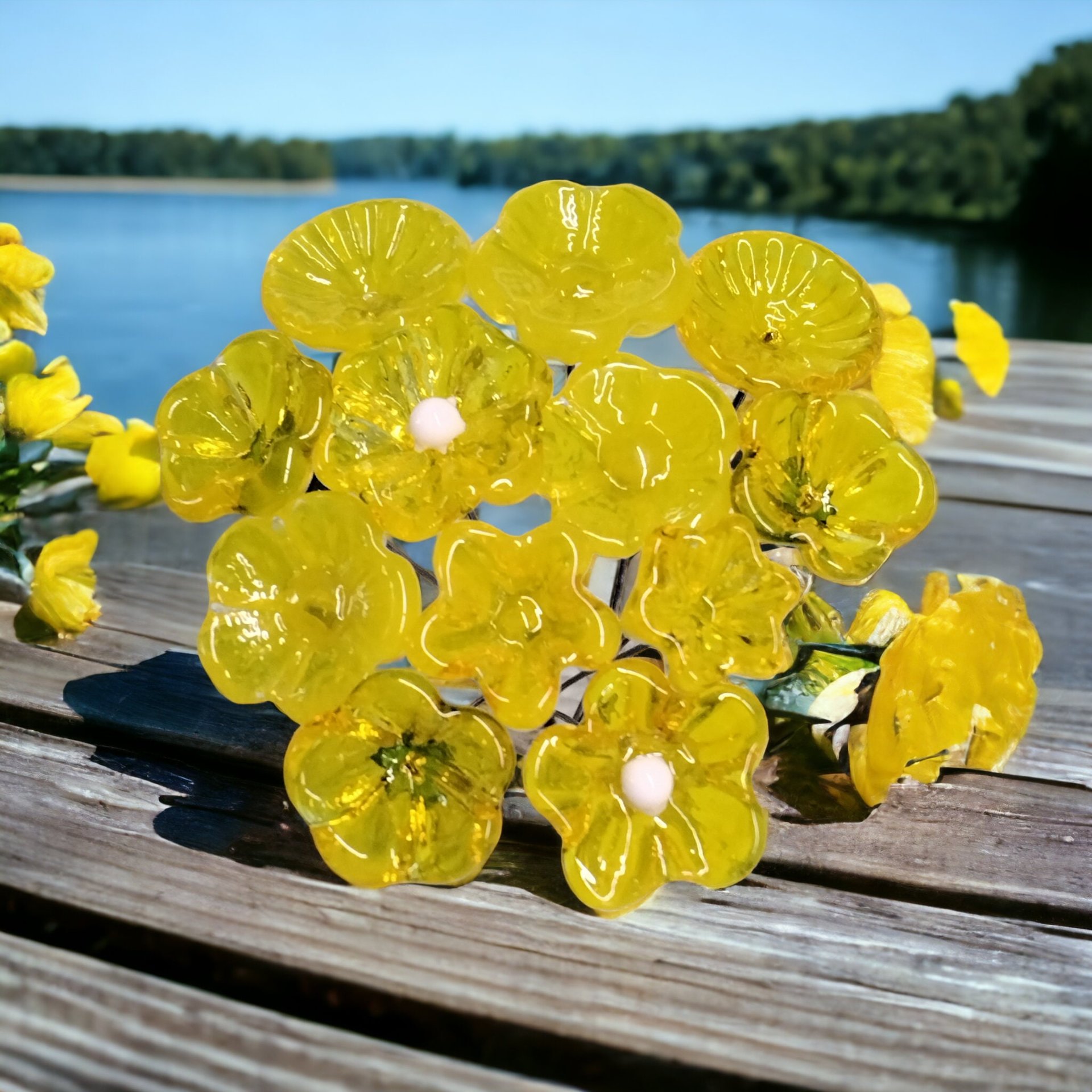 YELLOW TRANSLUCENT glass flower headpins, tiny small miniature glass flowers on wire; jewelry supply, curio, windowsill, small bouquet, gift