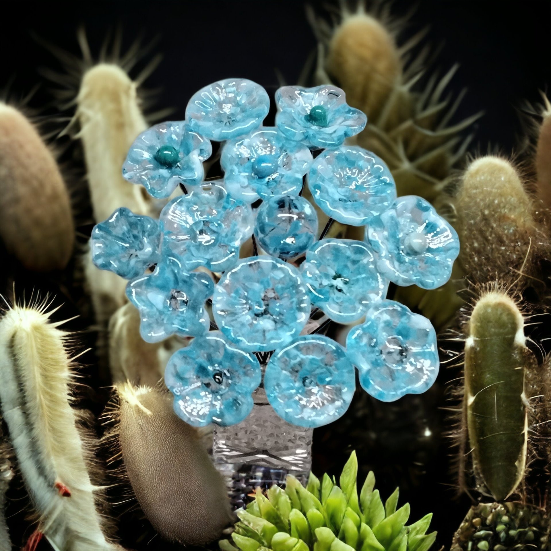 TURQUOISE VARIEGATED glass flowers;  mini tiny small glass flowers on wire; handcrafted lampwork, jewelry, mixed media, wedding, small gift