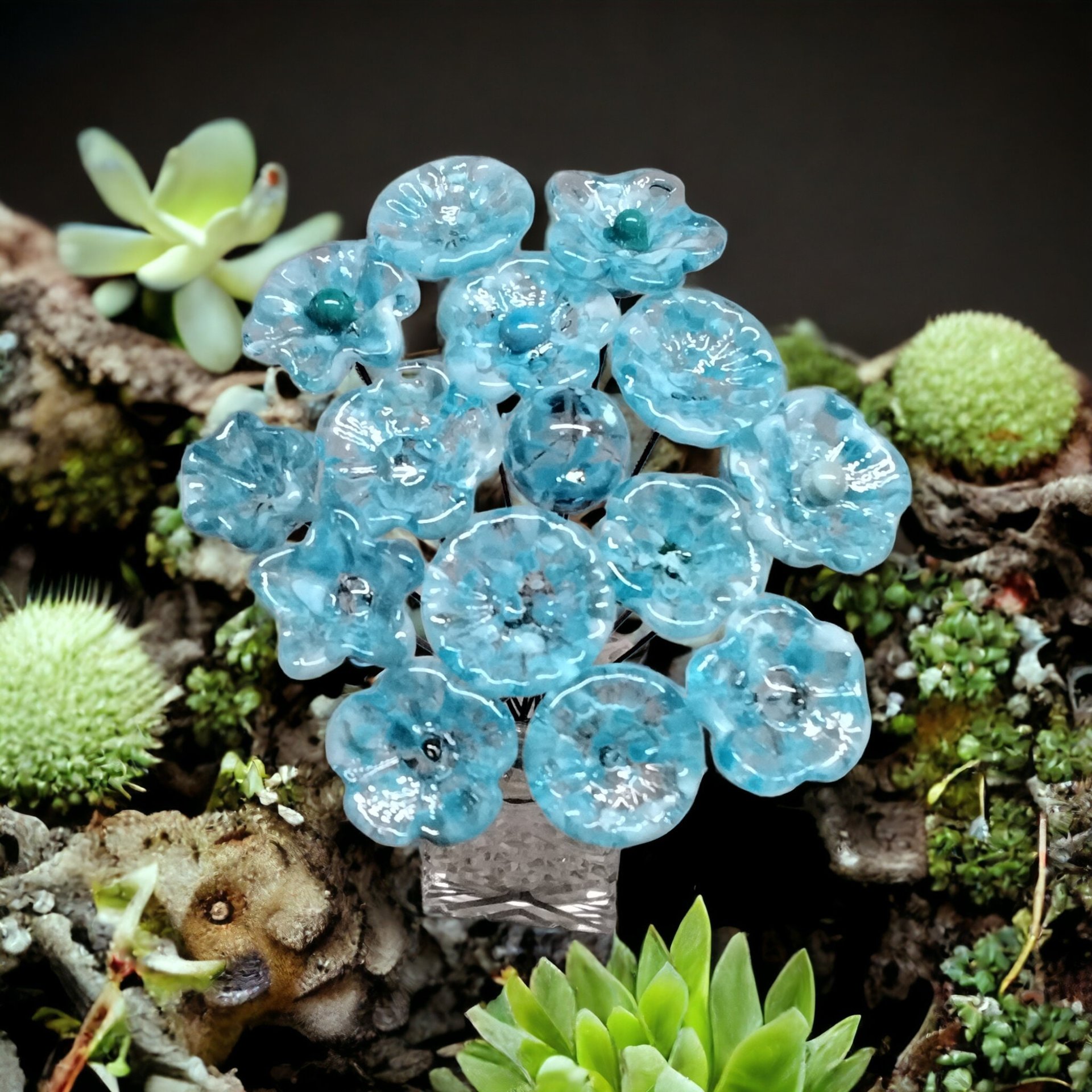 TURQUOISE VARIEGATED glass flowers;  mini tiny small glass flowers on wire; handcrafted lampwork, jewelry, mixed media, wedding, small gift