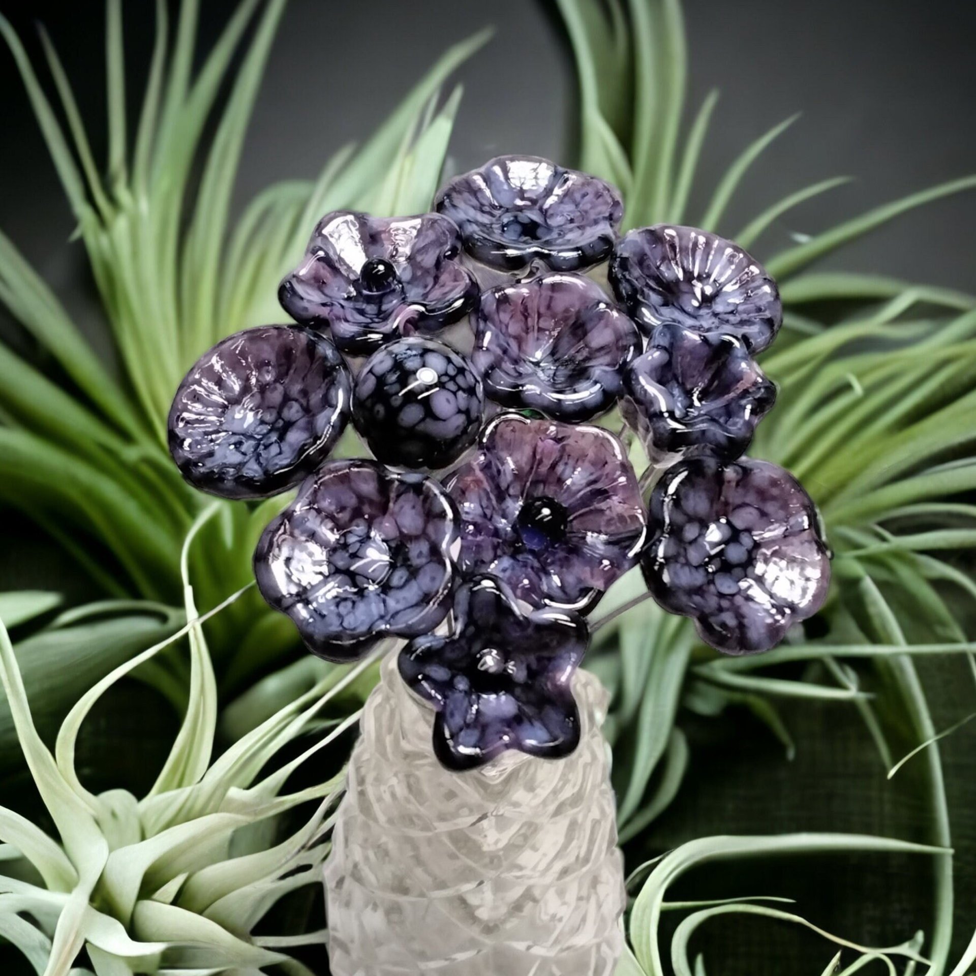 PURPLE MOTTLE JEWELTONE glass flowers; mini tiny small glass flowers on wire; handcraft lampwork, jewelry, mixed media, wedding, plant gift