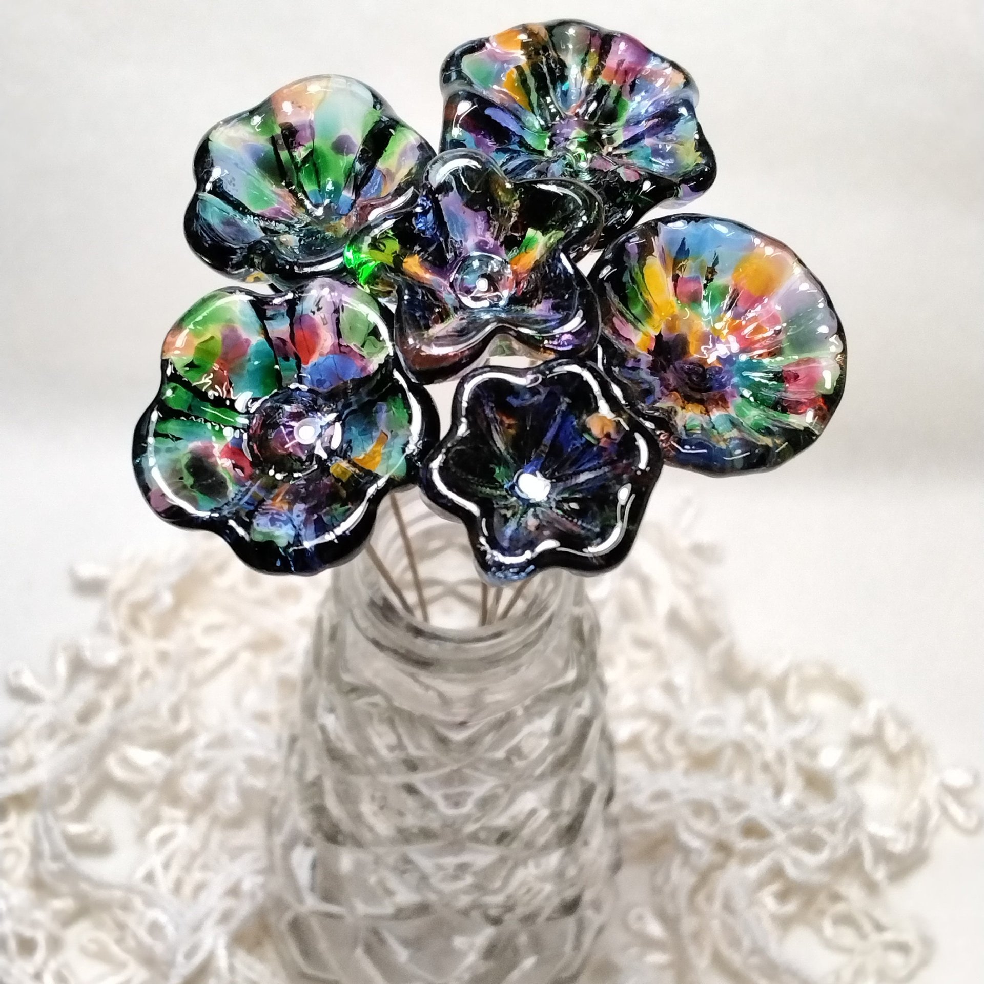 PRISM KALEIDOSCOPE  glass flowers on wire headpins; ~ miniature tiny small glass flowers on wire; individually crafted lampwork