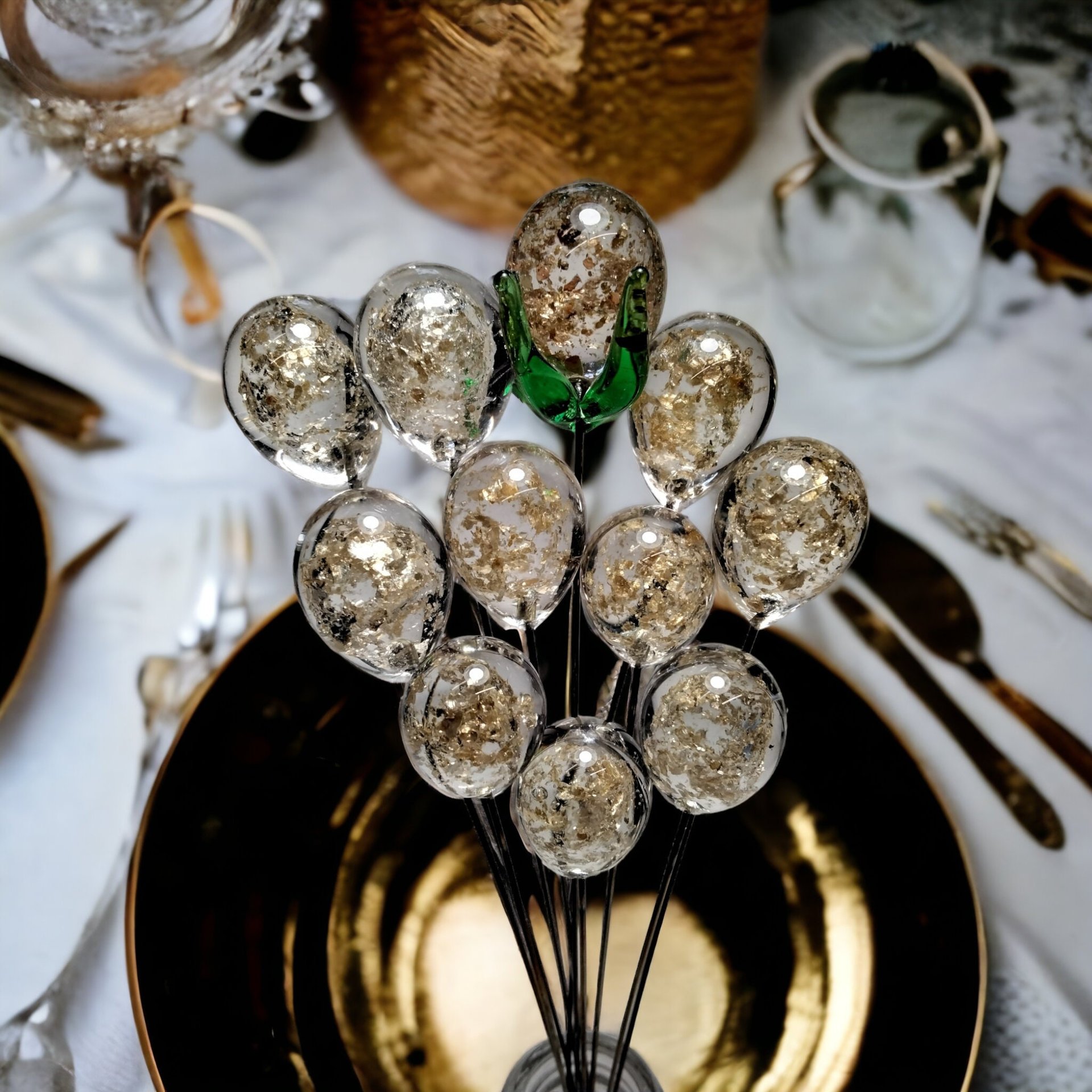 GOLD GLITTER ORB - Glass Drop Orb: glass with gold glitter inside each unique;  handmade lampwork, jewelry, mix media, plant pick, wedding