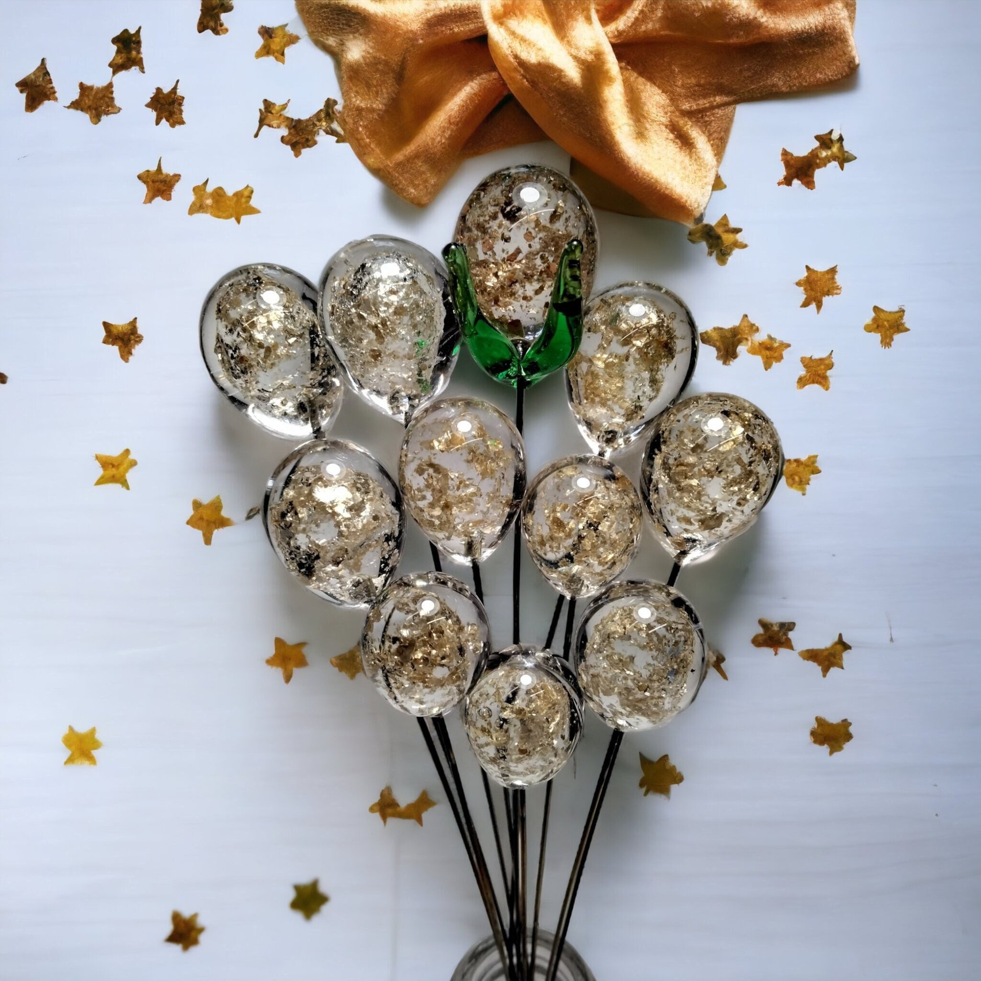 GOLD GLITTER ORB - Glass Drop Orb: glass with gold glitter inside each unique;  handmade lampwork, jewelry, mix media, plant pick, wedding